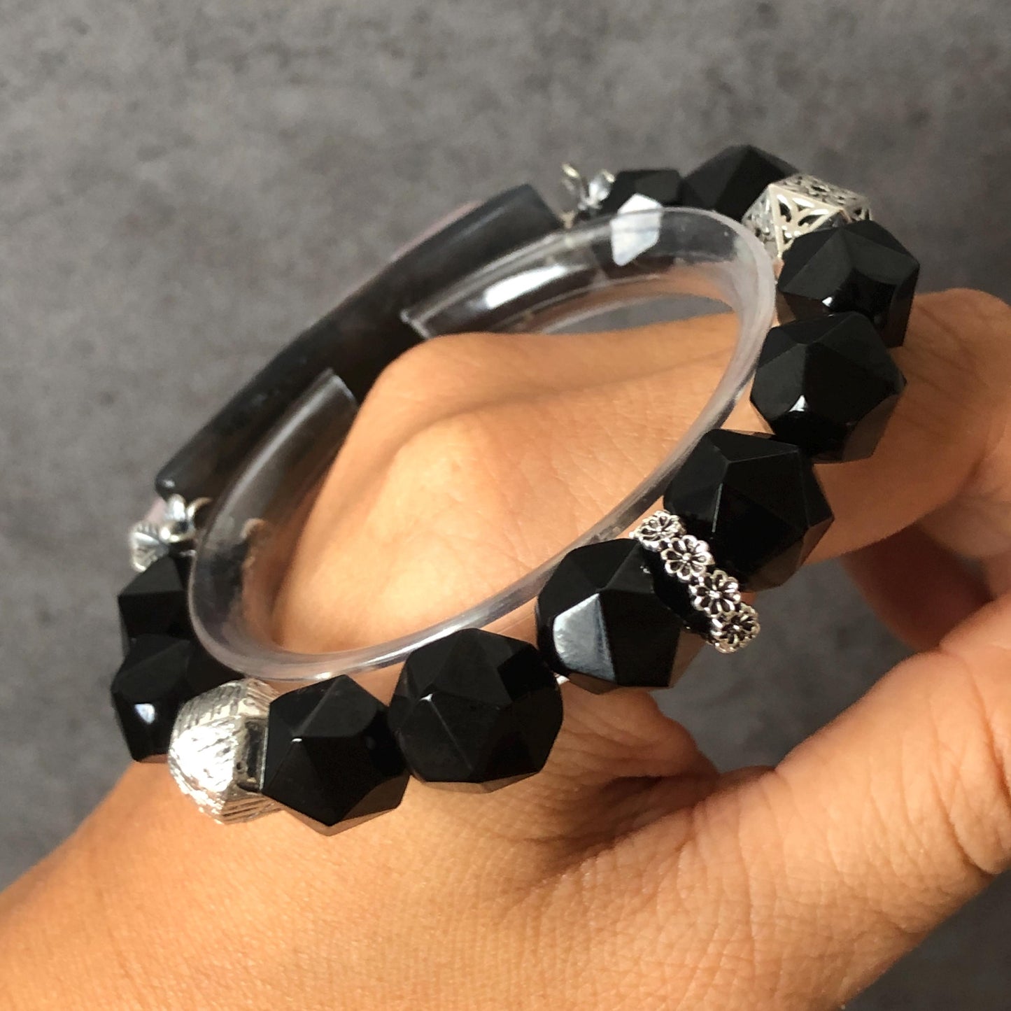 Natural Xiu Jade Serpentine Hand Carved Cat & Bird Charm with Black Agate Bead Bracelet | Black Pink Jade | Vintage Tibetan Silver | Crystal Stone Gemstone Gift for her elastic stretch bracelet jade carving pink jade black jade hand engraved jade bracelet hand carved jade charm jade pendant black bead bracelet big beaded bracelet silver accessory vintage bracelet antique bracelet cat carving engraved bird carving tailor made customized gift personalised gothic bracelet cat lover gift