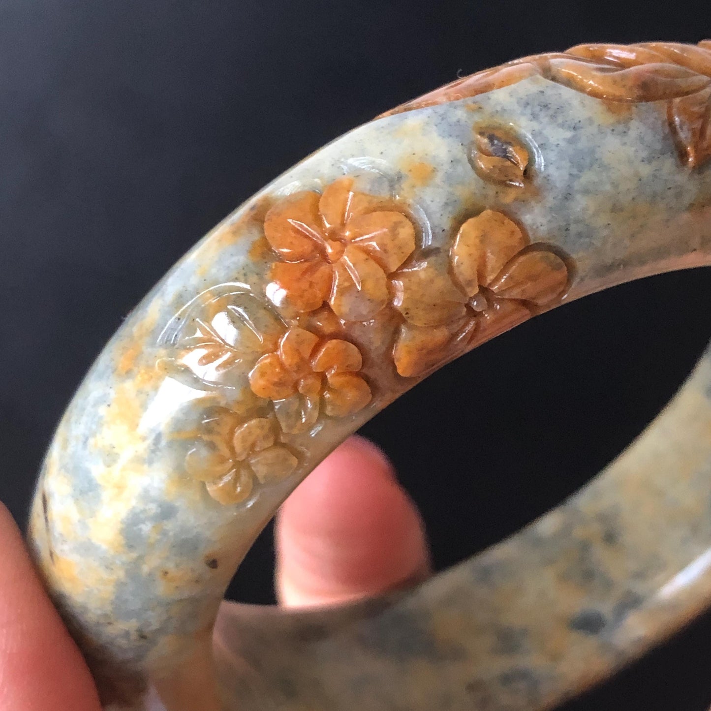 58.7mm Xiu Jade Serpentine Hand Carved Peony Flowers Bangle | Natural Brown Green Blue Jade Handcrafted Bracelet | Stone Carving Gemstone Jewelry Gift for her wide jade bangle jade carving hand engraved stone carving natural untreated jade bracelet green jade blue jade brown jade handcraft jade peony carving flower carving chinese jade vintage bangle antique bracelet