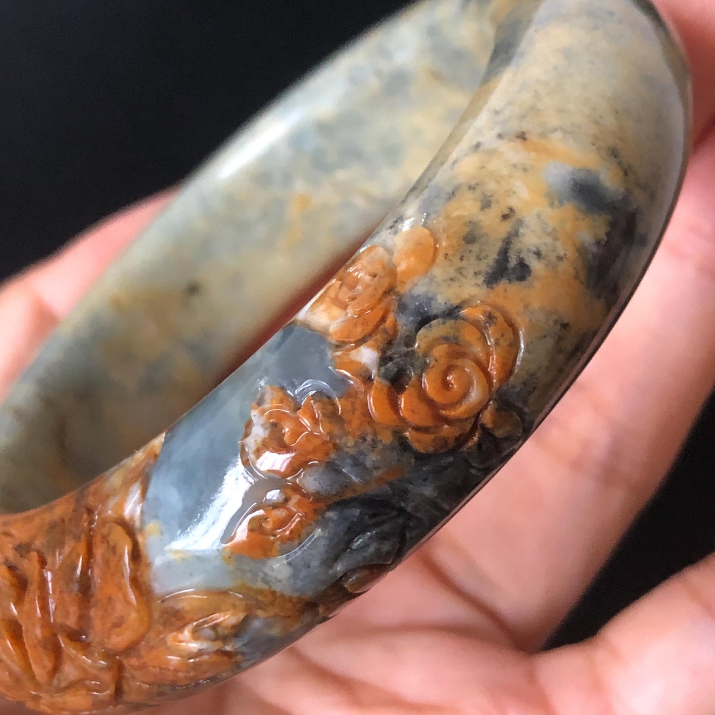58.7mm Xiu Jade Serpentine Hand Carved Peony Flowers Bangle | Natural Brown Green Blue Jade Handcrafted Bracelet | Stone Carving Gemstone Jewelry Gift for her wide jade bangle jade carving hand engraved stone carving natural untreated jade bracelet green jade blue jade brown jade handcraft jade peony carving flower carving chinese jade vintage bangle antique bracelet