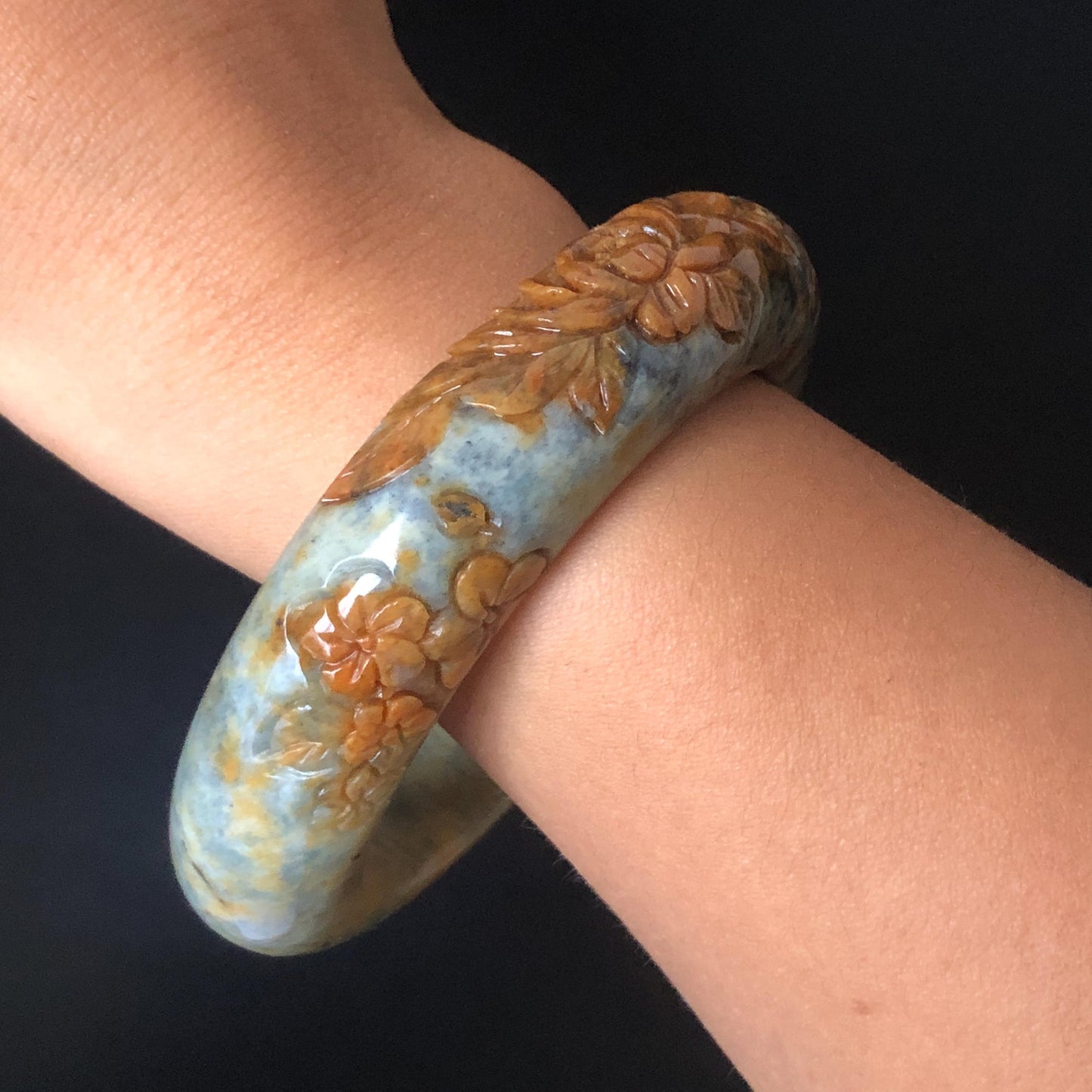 58.7mm Xiu Jade Serpentine Hand Carved Peony Flowers Bangle | Natural Brown Green Blue Jade Handcrafted Bracelet | Stone Carving Gemstone Jewelry Gift for her wide jade bangle jade carving hand engraved stone carving natural untreated jade bracelet green jade blue jade brown jade handcraft jade peony carving flower carving chinese jade vintage bangle antique bracelet