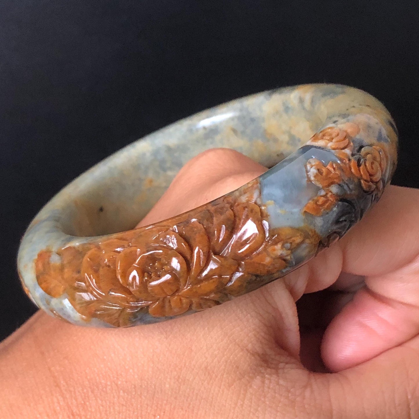 58.7mm Xiu Jade Serpentine Hand Carved Peony Flowers Bangle | Natural Brown Green Blue Jade Handcrafted Bracelet | Stone Carving Gemstone Jewelry Gift for her wide jade bangle jade carving hand engraved stone carving natural untreated jade bracelet green jade blue jade brown jade handcraft jade peony carving flower carving chinese jade vintage bangle antique bracelet