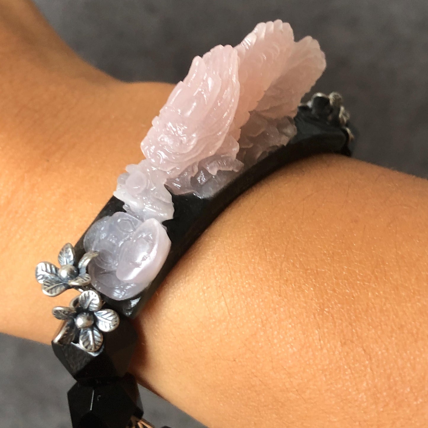 Xiu Jade Serpentine Hand Carved Dragon Charm with Black Agate Bead Elastic Stretch Bracelet | Handcrafted Black Pink Jade | Vintage Tibetan Silver Pesonalized Gift for her jade carving pink jade black jade hand engraved jade bracelet hand carved jade charm jade pendant black bead bracelet big beaded bracelet silver accessory vintage bracelet antique bracelet dragon carving hand engraved dragon tailor made customized gift personalised gothic bracelet dragon lover gift