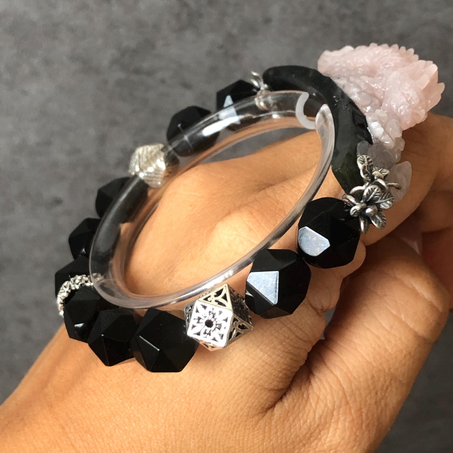 Xiu Jade Serpentine Hand Carved Dragon Charm with Black Agate Bead Elastic Stretch Bracelet | Handcrafted Black Pink Jade | Vintage Tibetan Silver Pesonalized Gift for her jade carving pink jade black jade hand engraved jade bracelet hand carved jade charm jade pendant black bead bracelet big beaded bracelet silver accessory vintage bracelet antique bracelet dragon carving hand engraved dragon tailor made customized gift personalised gothic bracelet dragon lover gift