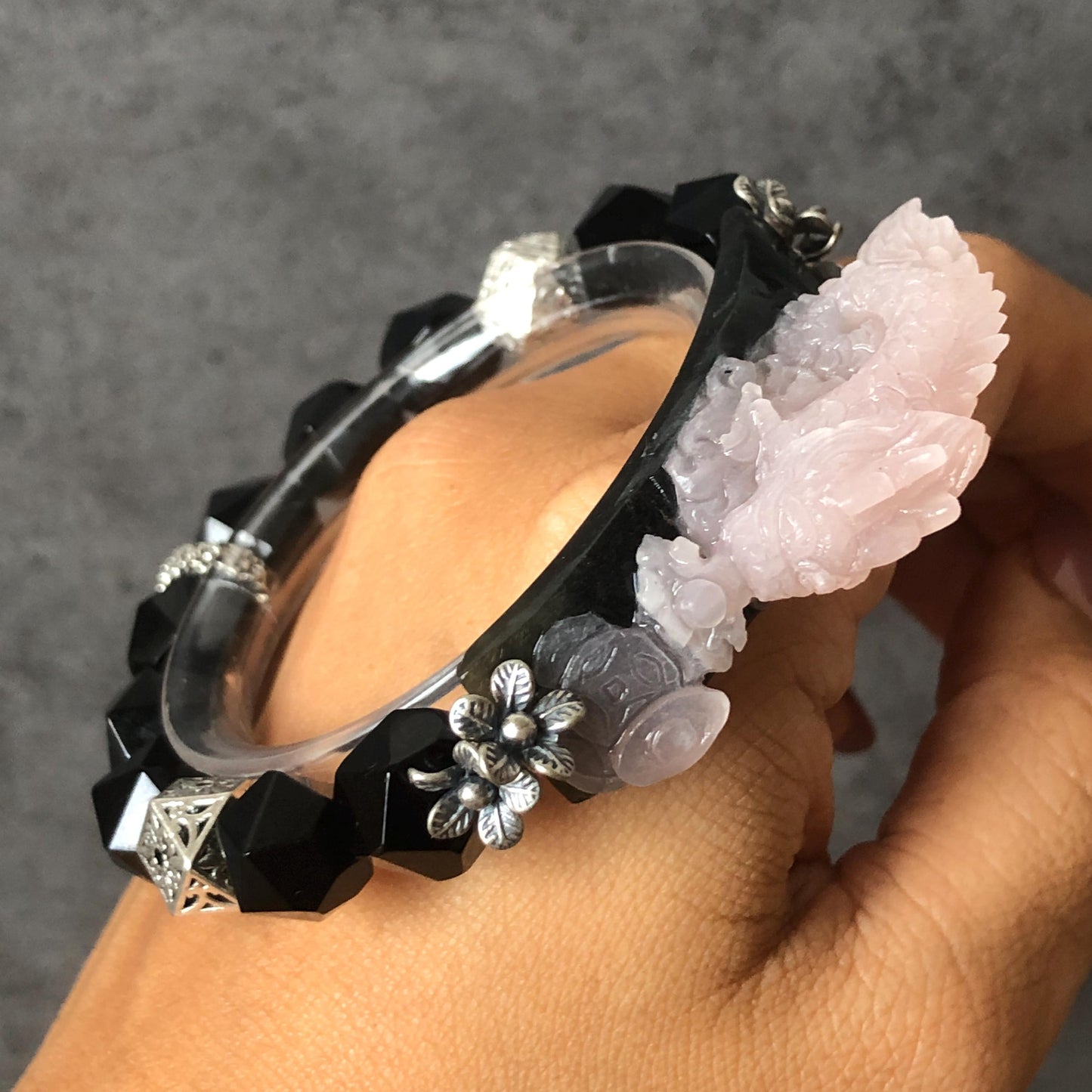 Xiu Jade Serpentine Hand Carved Dragon Charm with Black Agate Bead Elastic Stretch Bracelet | Handcrafted Black Pink Jade | Vintage Tibetan Silver Pesonalized Gift for her jade carving pink jade black jade hand engraved jade bracelet hand carved jade charm jade pendant black bead bracelet big beaded bracelet silver accessory vintage bracelet antique bracelet dragon carving hand engraved dragon tailor made customized gift personalised gothic bracelet dragon lover gift