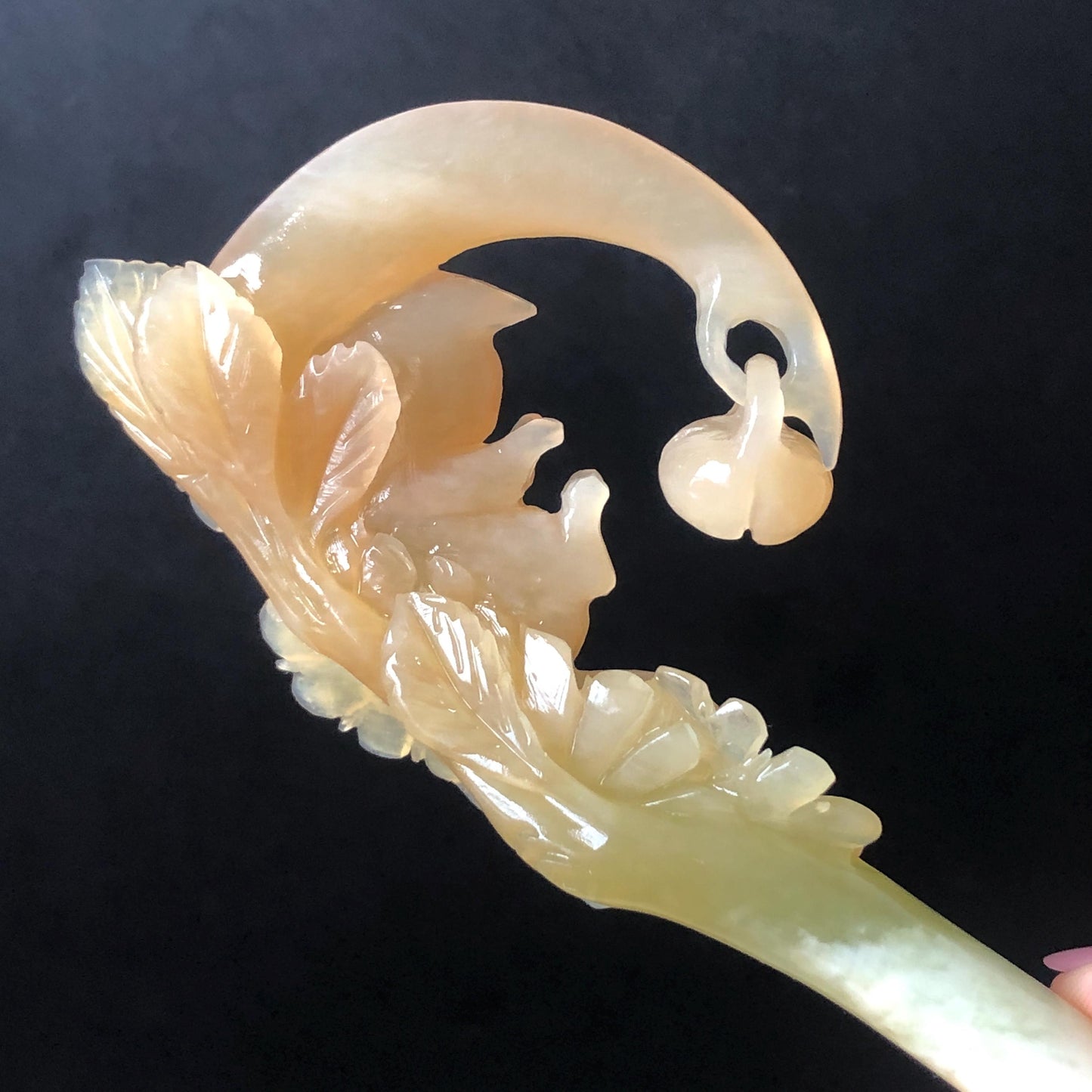 Xiu Jade Serpentine Hand Carved Cat on Moon Hair Pin with Dangle | Natural Certified Peach Coral Jade Flower Hair Stick | Asian Chinese Vintage Hair Fork gift for her hand engraved coral jade white jade green jade peach jade orange jade carving korean hair stick japanese hair pin hanfu hair comb chinese hair clip kitten carving handcraft cat carving dangle hair stick chinese jade hair stick antique hairpins untreated jade certificate stone carving hair jewelry cat lover gift