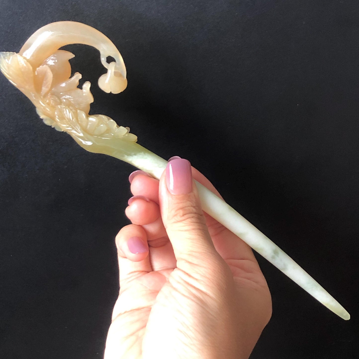 Xiu Jade Serpentine Hand Carved Cat on Moon Hair Pin with Dangle | Natural Certified Peach Coral Jade Flower Hair Stick | Asian Chinese Vintage Hair Fork gift for her hand engraved coral jade white jade green jade peach jade orange jade carving korean hair stick japanese hair pin hanfu hair comb chinese hair clip kitten carving handcraft cat carving dangle hair stick chinese jade hair stick antique hairpins untreated jade certificate stone carving hair jewelry cat lover gift
