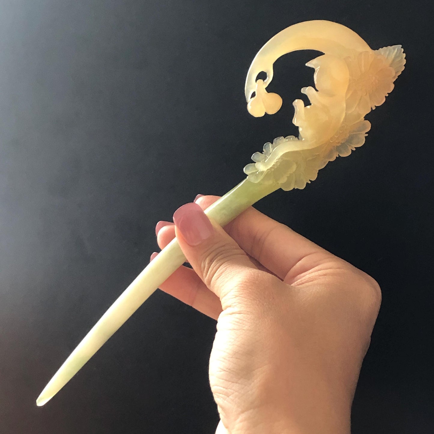 Xiu Jade Serpentine Hand Carved Cat on Moon Hair Pin with Dangle | Natural Certified Peach Coral Jade Flower Hair Stick | Asian Chinese Vintage Hair Fork gift for her hand engraved coral jade white jade green jade peach jade orange jade carving korean hair stick japanese hair pin hanfu hair comb chinese hair clip kitten carving handcraft cat carving dangle hair stick chinese jade hair stick antique hairpins untreated jade certificate stone carving hair jewelry cat lover gift