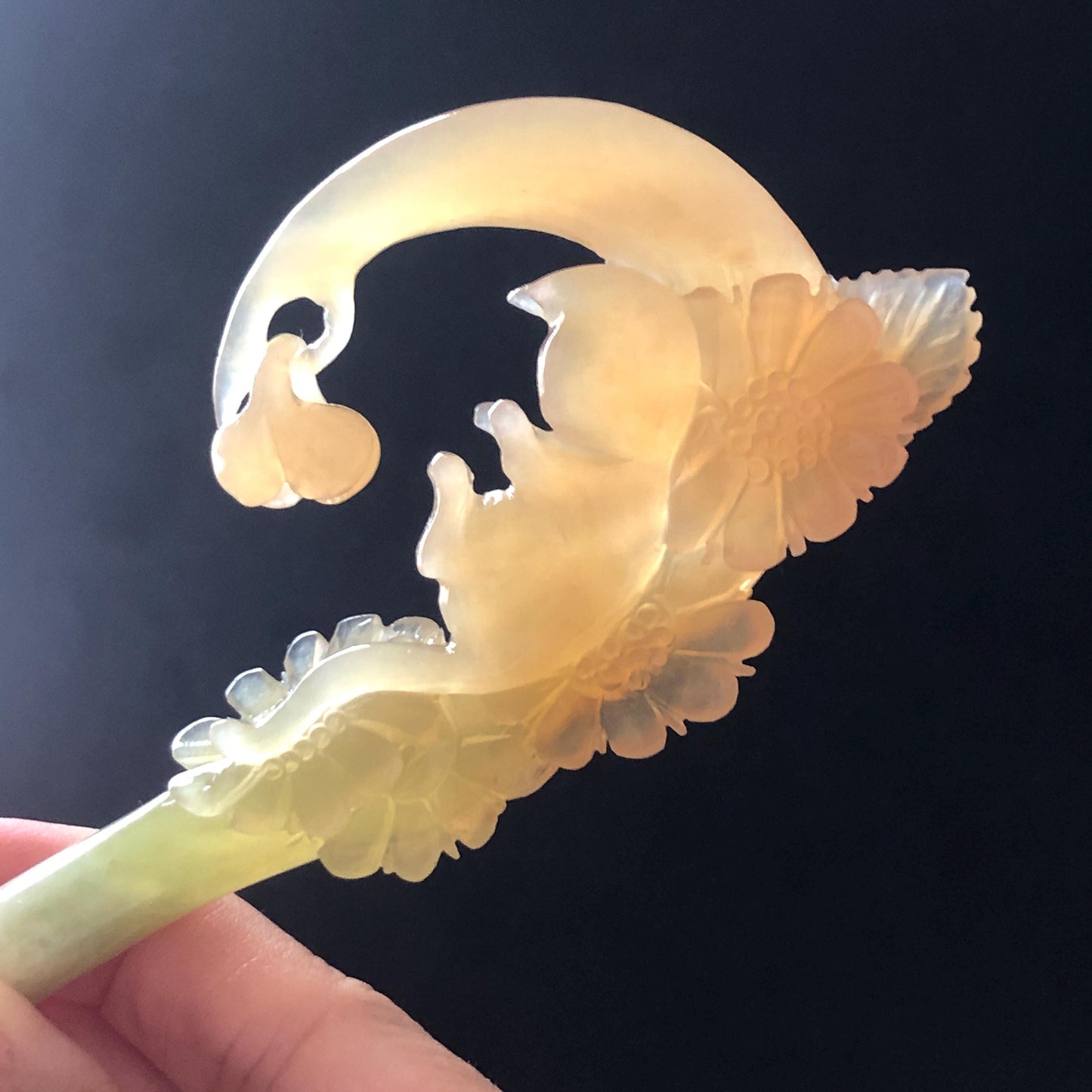 Xiu Jade Serpentine Hand Carved Cat on Moon Hair Pin with Dangle | Natural Certified Peach Coral Jade Flower Hair Stick | Asian Chinese Vintage Hair Fork gift for her hand engraved coral jade white jade green jade peach jade orange jade carving korean hair stick japanese hair pin hanfu hair comb chinese hair clip kitten carving handcraft cat carving dangle hair stick chinese jade hair stick antique hairpins untreated jade certificate stone carving hair jewelry cat lover gift