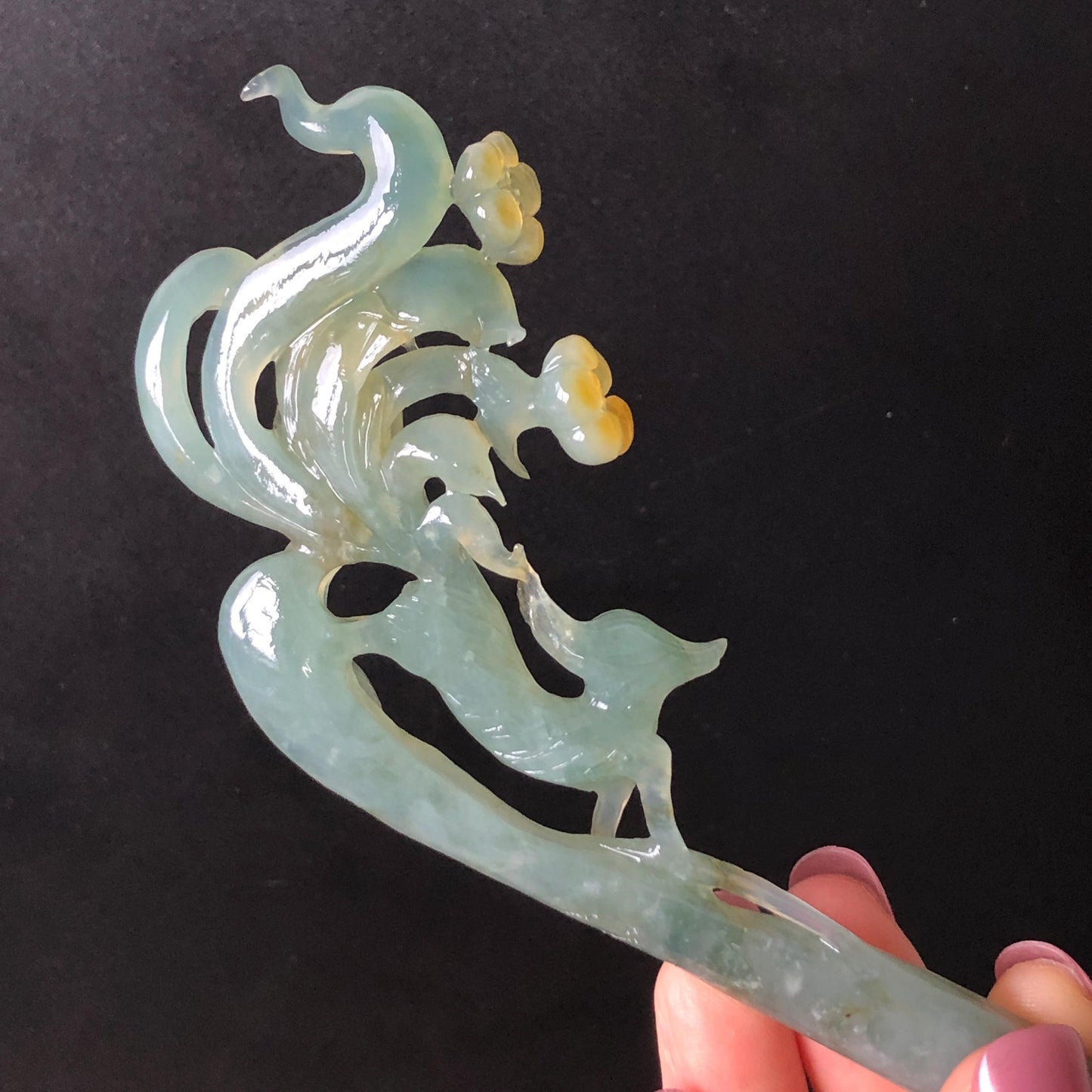 Natural Xiu Jade (Serpentine) Hand Carved Nine tailed fox Hair Pin | Handcrafted Green Yellow Jade Hair Stick with Certificate | Asian Chinese Vintage Style Jade hair comb japanese hairpins koran hair stick hanfu hair pin hair comb hair fork antique hair stick certified jade carving hand carved fox carving green jade yellow jade hand engraved jade gift for her bridal shower hair clip wedding hair jewelry handcrafted jade fox lover gift