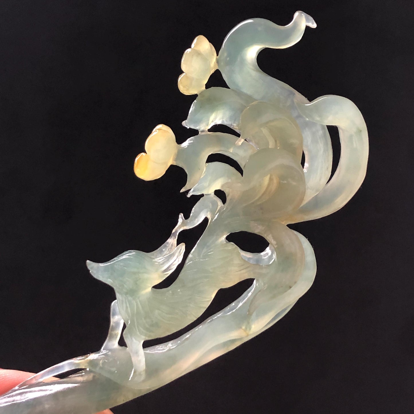 Natural Xiu Jade (Serpentine) Hand Carved Nine tailed fox Hair Pin | Handcrafted Green Yellow Jade Hair Stick with Certificate | Asian Chinese Vintage Style Jade hair comb japanese hairpins koran hair stick hanfu hair pin hair comb hair fork antique hair stick certified jade carving hand carved fox carving green jade yellow jade hand engraved jade gift for her bridal shower hair clip wedding hair jewelry handcrafted jade fox lover gift