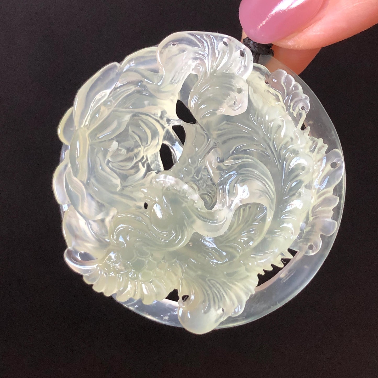 Xiu Jade Serpentine Hand Carved Phoenix & Peony Pendant Adjustable Necklace | Certified Natural Icy White Jade | Engraved Stone Crystal Gift for her hand engraved stone pendant jade carving phoenix carving peony carving carved jade charm adjustable necklace untreated jade with certificate choker necklace handcraft jade stone carving crystal carving engraved gemstone