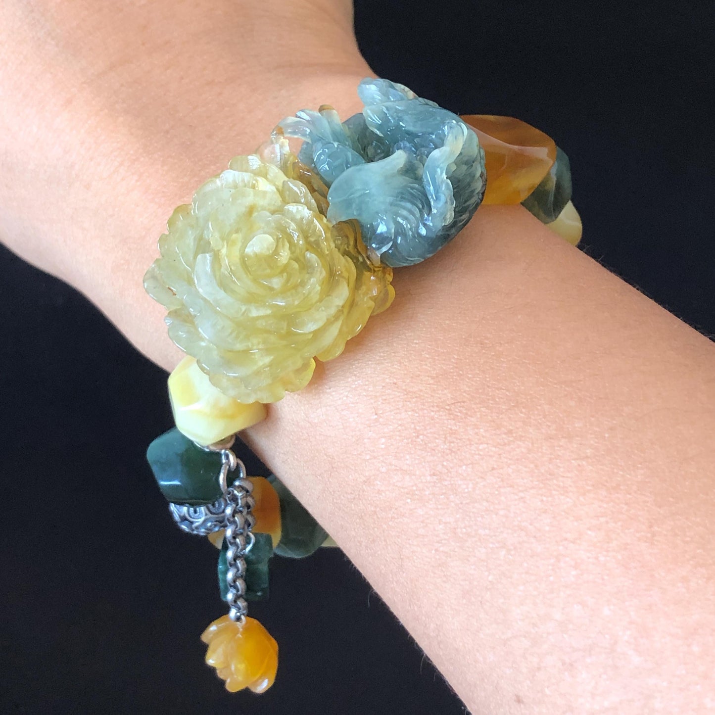 Xiu Jade Serpentine Hand Carved Phoenix & Peony Flower Charm with Irregular Bead Bracelet | Certified Natural Multi-coloured Jade | Vintage Tibetan Silver | Crystal Stone Gemstone Gift for her customised bracelet hand engraved jade bracelet hand carved bracelet carved charm carved pendant phoenix carving peony bracelet yellow jade green jade blue jade white jade silver bracelet tailor made bracelet personalised bracelet diy bracelet natural untreated jade elastic stretch bracelet with dangle