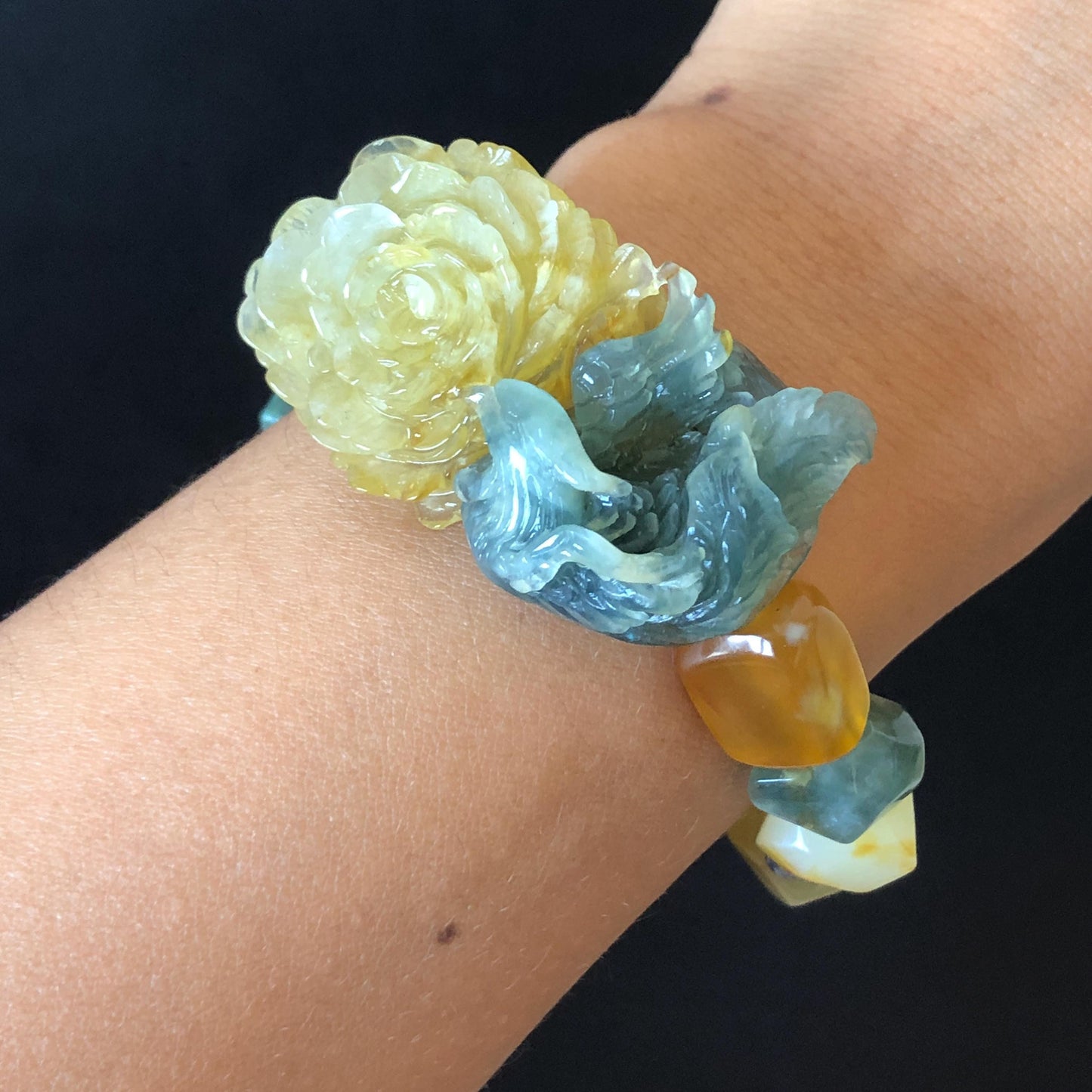 Xiu Jade Serpentine Hand Carved Phoenix & Peony Flower Charm with Irregular Bead Bracelet | Certified Natural Multi-coloured Jade | Vintage Tibetan Silver | Crystal Stone Gemstone Gift for her customised bracelet hand engraved jade bracelet hand carved bracelet carved charm carved pendant phoenix carving peony bracelet yellow jade green jade blue jade white jade silver bracelet tailor made bracelet personalised bracelet diy bracelet natural untreated jade elastic stretch bracelet with dangle