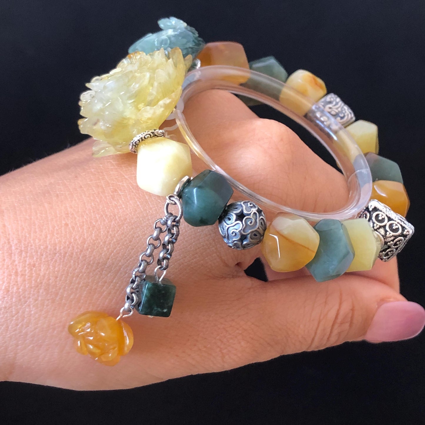 Xiu Jade Serpentine Hand Carved Phoenix & Peony Flower Charm with Irregular Bead Bracelet | Certified Natural Multi-coloured Jade | Vintage Tibetan Silver | Crystal Stone Gemstone Gift for her customised bracelet hand engraved jade bracelet hand carved bracelet carved charm carved pendant phoenix carving peony bracelet yellow jade green jade blue jade white jade silver bracelet tailor made bracelet personalised bracelet diy bracelet natural untreated jade elastic stretch bracelet with dangle