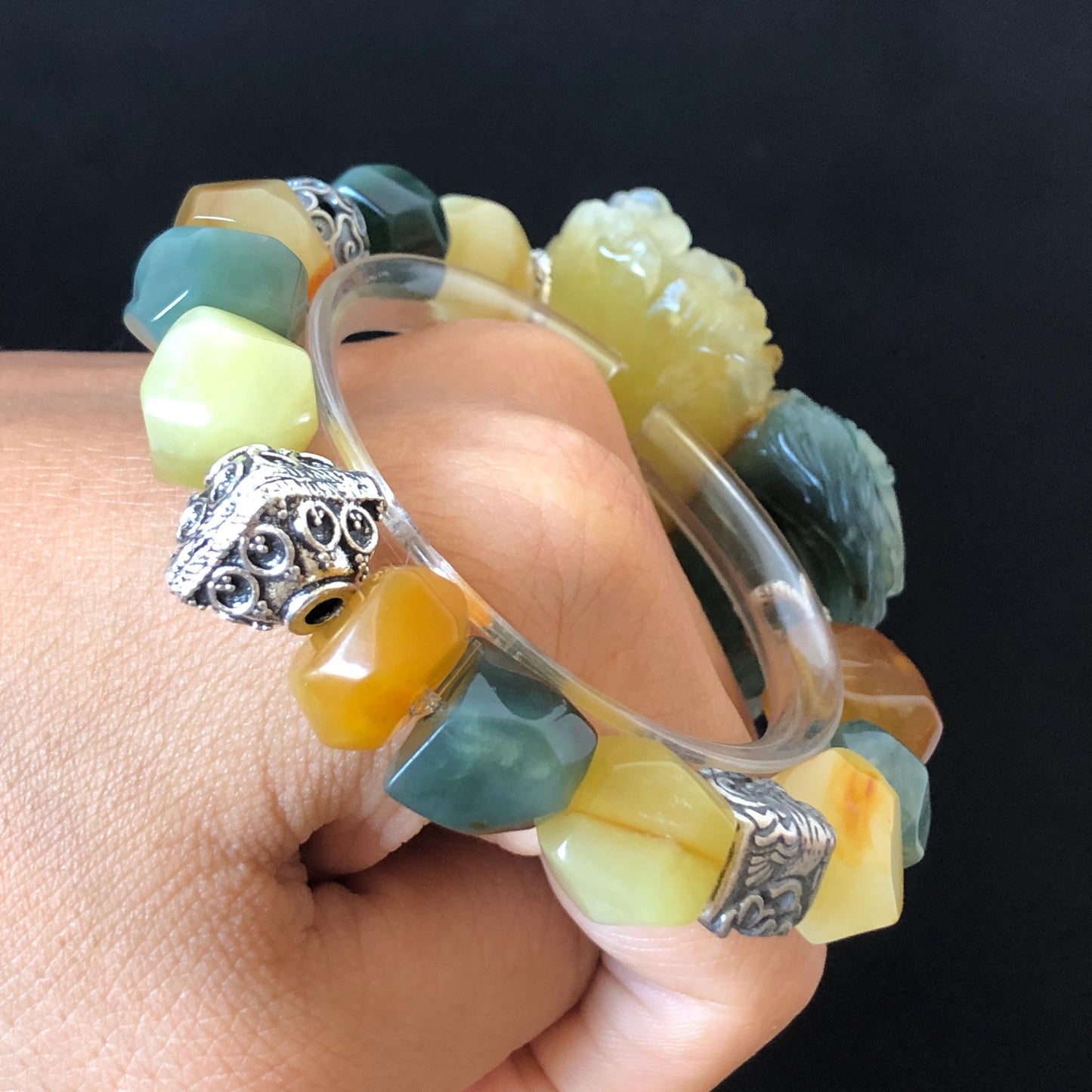 Xiu Jade Serpentine Hand Carved Phoenix & Peony Flower Charm with Irregular Bead Bracelet | Certified Natural Multi-coloured Jade | Vintage Tibetan Silver | Crystal Stone Gemstone Gift for her customised bracelet hand engraved jade bracelet hand carved bracelet carved charm carved pendant phoenix carving peony bracelet yellow jade green jade blue jade white jade silver bracelet tailor made bracelet personalised bracelet diy bracelet natural untreated jade elastic stretch bracelet with dangle
