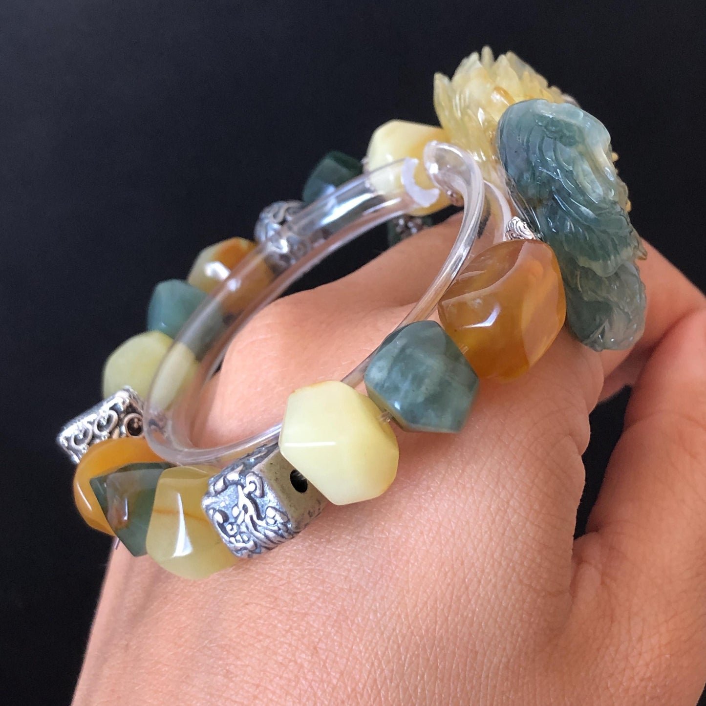 Xiu Jade Serpentine Hand Carved Phoenix & Peony Flower Charm with Irregular Bead Bracelet | Certified Natural Multi-coloured Jade | Vintage Tibetan Silver | Crystal Stone Gemstone Gift for her customised bracelet hand engraved jade bracelet hand carved bracelet carved charm carved pendant phoenix carving peony bracelet yellow jade green jade blue jade white jade silver bracelet tailor made bracelet personalised bracelet diy bracelet natural untreated jade elastic stretch bracelet with dangle