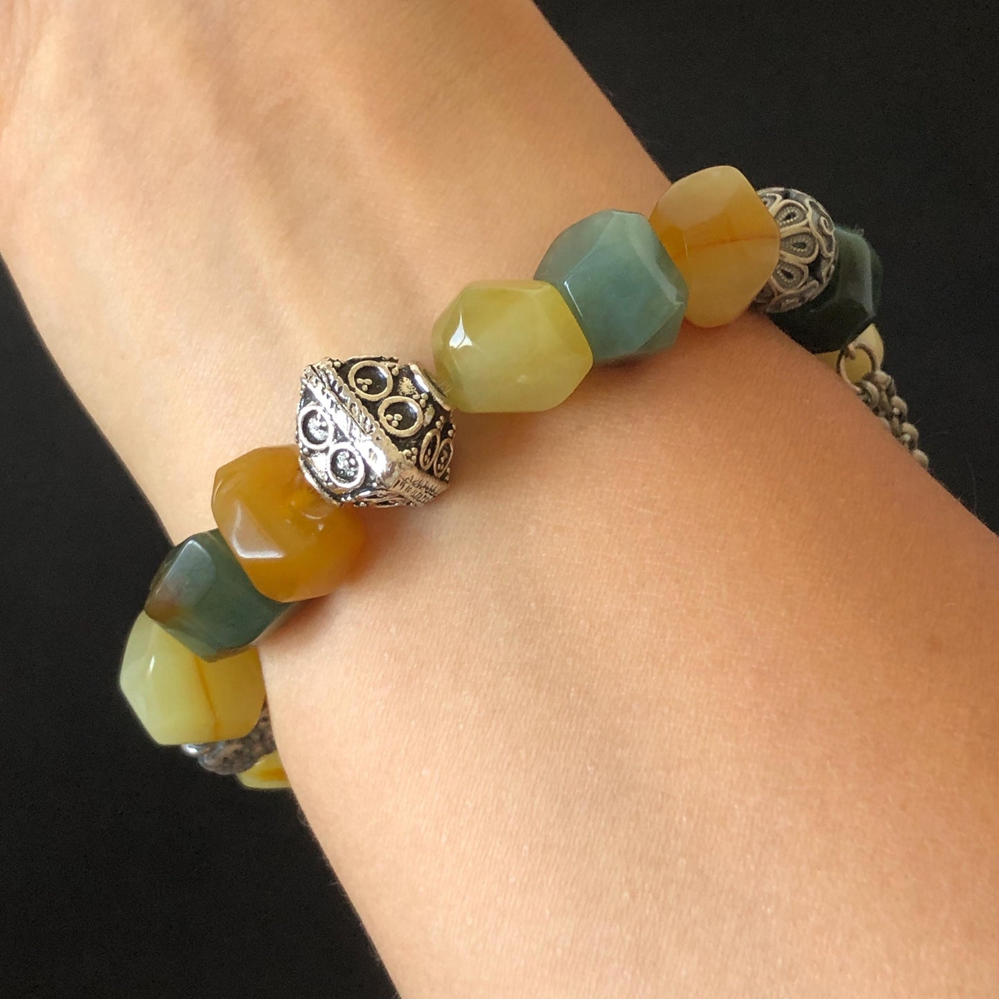 Xiu Jade Serpentine Hand Carved Phoenix & Peony Flower Charm with Irregular Bead Bracelet | Certified Natural Multi-coloured Jade | Vintage Tibetan Silver | Crystal Stone Gemstone Gift for her customised bracelet hand engraved jade bracelet hand carved bracelet carved charm carved pendant phoenix carving peony bracelet yellow jade green jade blue jade white jade silver bracelet tailor made bracelet personalised bracelet diy bracelet natural untreated jade elastic stretch bracelet with dangle
