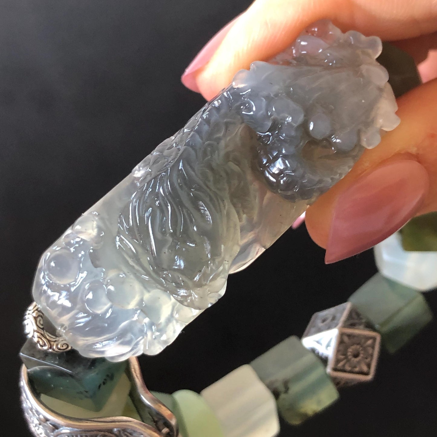 Xiu Jade Serpentine Hand Carved Sea Dragon Charm Irregular Bead Bracelet | Natural Ice Gray White Jade | Vintage Tibetan Silver | Personalized Gift for her elastic stretch bracelet jade carving hand engraved gray jade grey jade white jade green jade hand engraved jade bracelet hand carved jade charm hand engraved jade pendant irregular bead bracelet big beaded bracelet dangle bracelet silver accessory vintage bracelet antique bracelet dragon carving engraved dragon tailor made customized gift