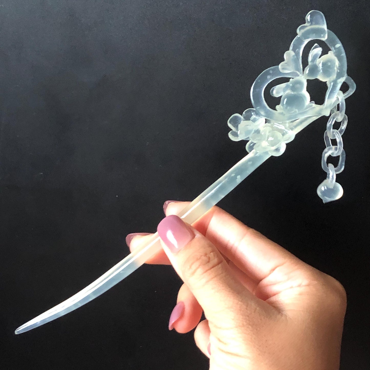 Xiu Jade Serpentine Hand Carved Bunny Hair Pin with Dangle | Rabbits in Love | Certified Icy White Jade Hair Stick | Asian Chinese Vintage Hair Fork gift for her hand engraved white jade carving koren hair stick japanese hair pin hanfu hair comb chinese hair clip hand engraved rabbit carving hand carved bunny carving carved moon carving icy chinese jade vinatge hair stick rabbit carving chinese hair stick antique hairpins natural untreated jade with certificate stone carving hair jewelry