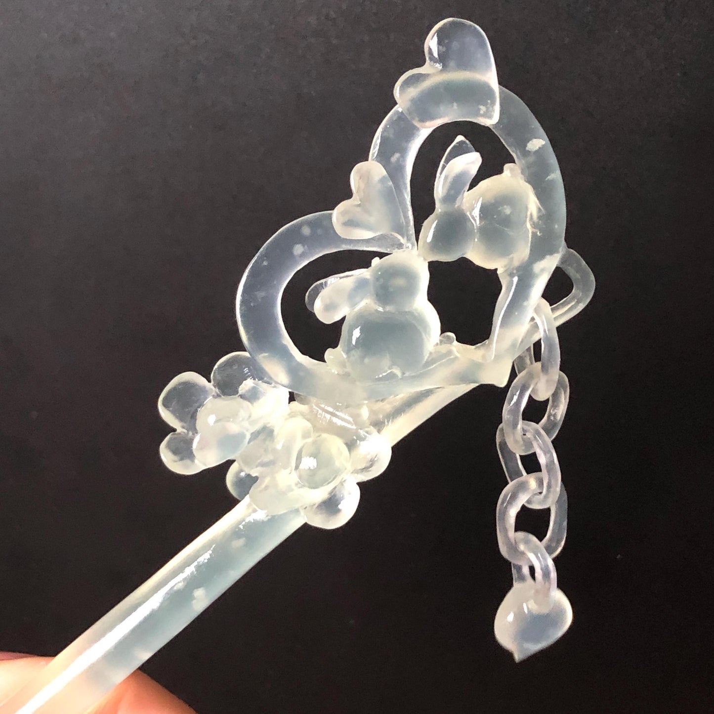 Xiu Jade Serpentine Hand Carved Bunny Hair Pin with Dangle | Rabbits in Love | Certified Icy White Jade Hair Stick | Asian Chinese Vintage Hair Fork gift for her hand engraved white jade carving koren hair stick japanese hair pin hanfu hair comb chinese hair clip hand engraved rabbit carving hand carved bunny carving carved moon carving icy chinese jade vinatge hair stick rabbit carving chinese hair stick antique hairpins natural untreated jade with certificate stone carving hair jewelry