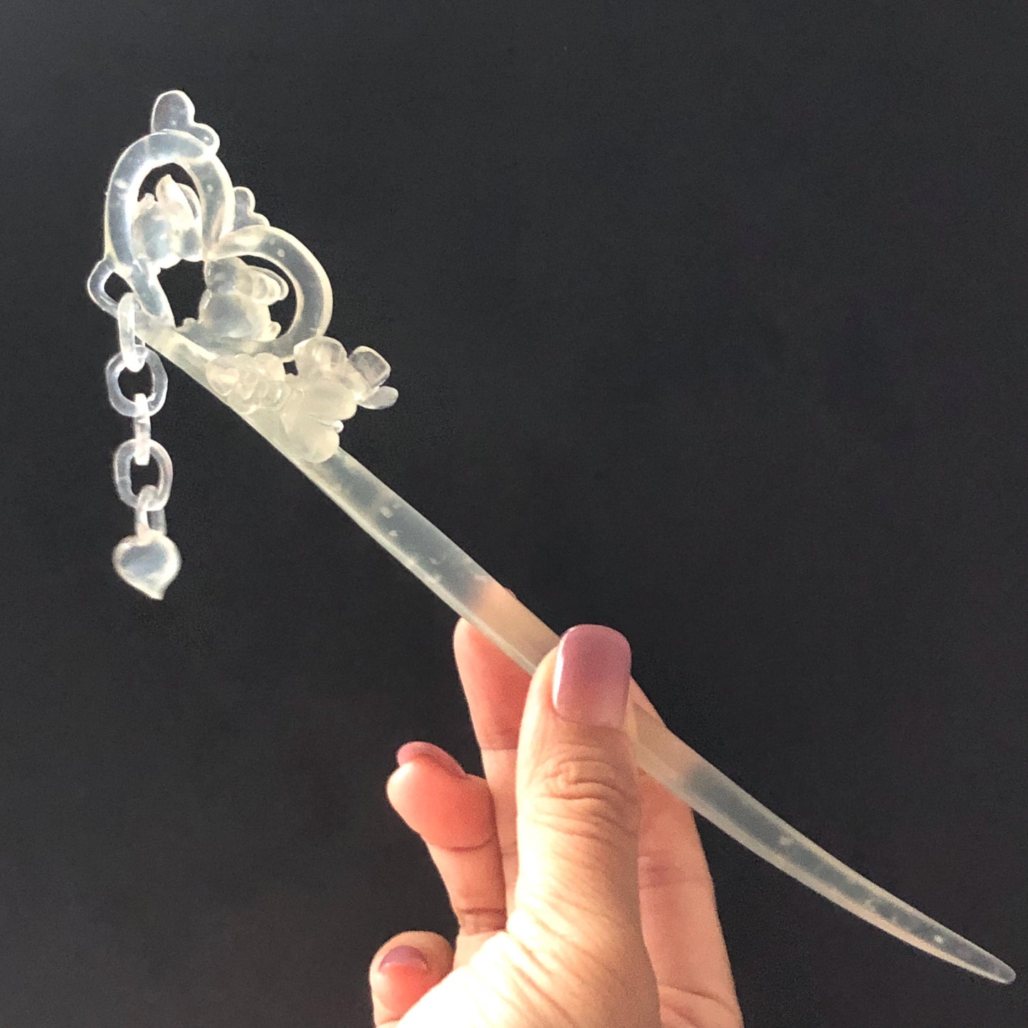 Xiu Jade Serpentine Hand Carved Bunny Hair Pin with Dangle | Rabbits in Love | Certified Icy White Jade Hair Stick | Asian Chinese Vintage Hair Fork gift for her hand engraved white jade carving koren hair stick japanese hair pin hanfu hair comb chinese hair clip hand engraved rabbit carving hand carved bunny carving carved moon carving icy chinese jade vinatge hair stick rabbit carving chinese hair stick antique hairpins natural untreated jade with certificate stone carving hair jewelry