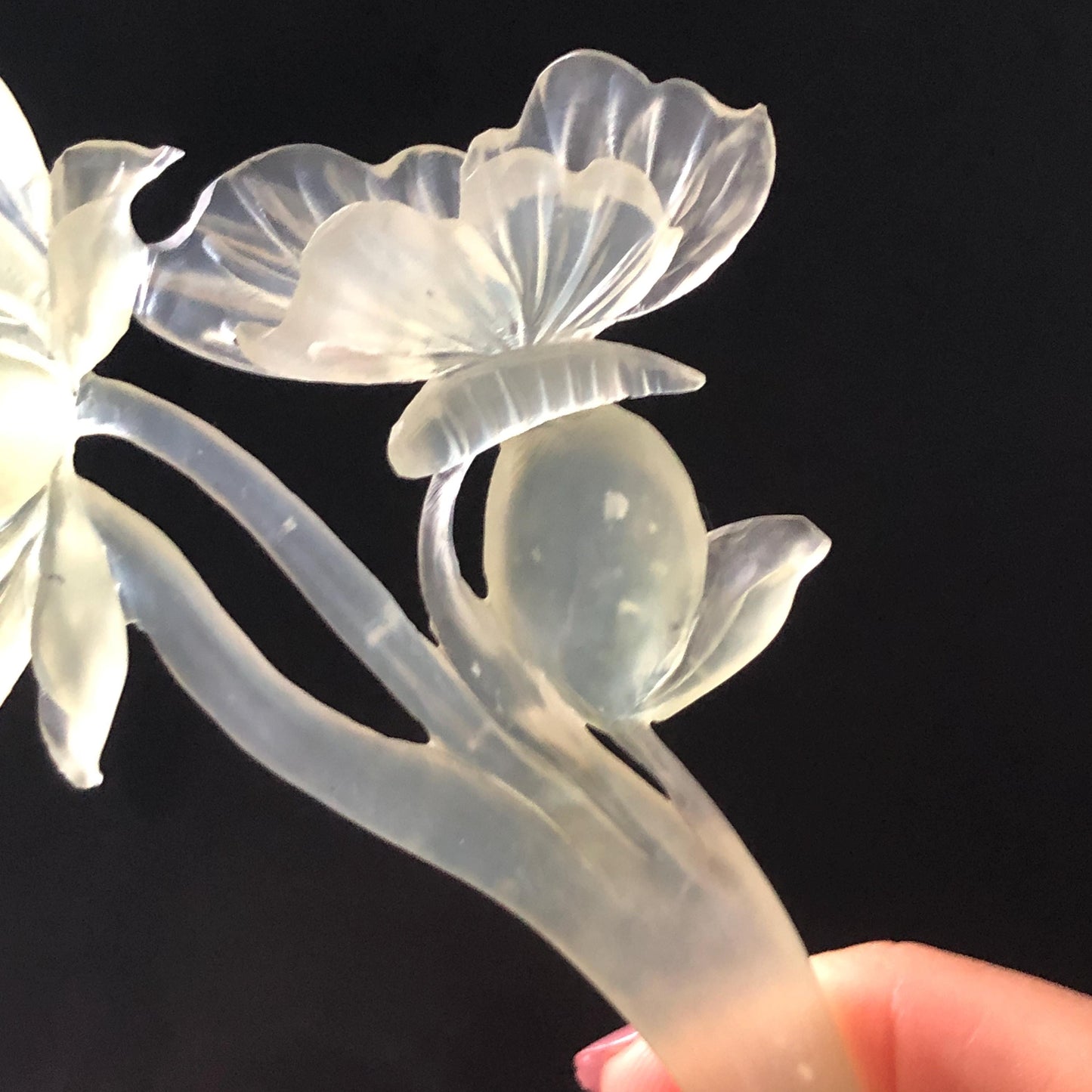 Natural Xiu Jade Serpentine Hand Carved Lotus & Butterfly Hair Pin | Certified Ice Green Crescent Moon Jade Hair Stick | Chinese Hanfu Hair Fork Vintage Bridal Hair Fork Gift for her japanese hairpin korean hair stick chinese hair fork vintage hair comb antique hair pins hanfu hair stick bridal shower hair jewelry wedding headpiece bridal shower gift engagement hair accessory jade carving hand engraved jade lotus carving jade hairpins untreated natural jade with certificate butterfly carving