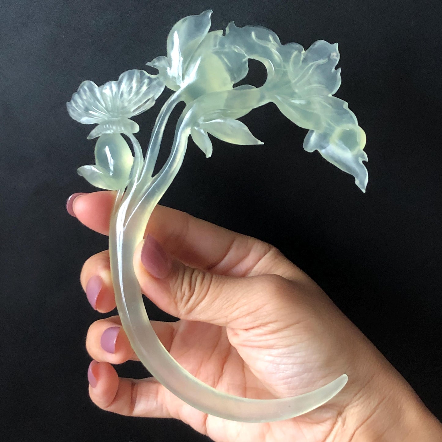 Natural Xiu Jade Serpentine Hand Carved Lotus & Butterfly Hair Pin | Certified Ice Green Crescent Moon Jade Hair Stick | Chinese Hanfu Hair Fork Vintage Bridal Hair Fork Gift for her japanese hairpin korean hair stick chinese hair fork vintage hair comb antique hair pins hanfu hair stick bridal shower hair jewelry wedding headpiece bridal shower gift engagement hair accessory jade carving hand engraved jade lotus carving jade hairpins untreated natural jade with certificate butterfly carving