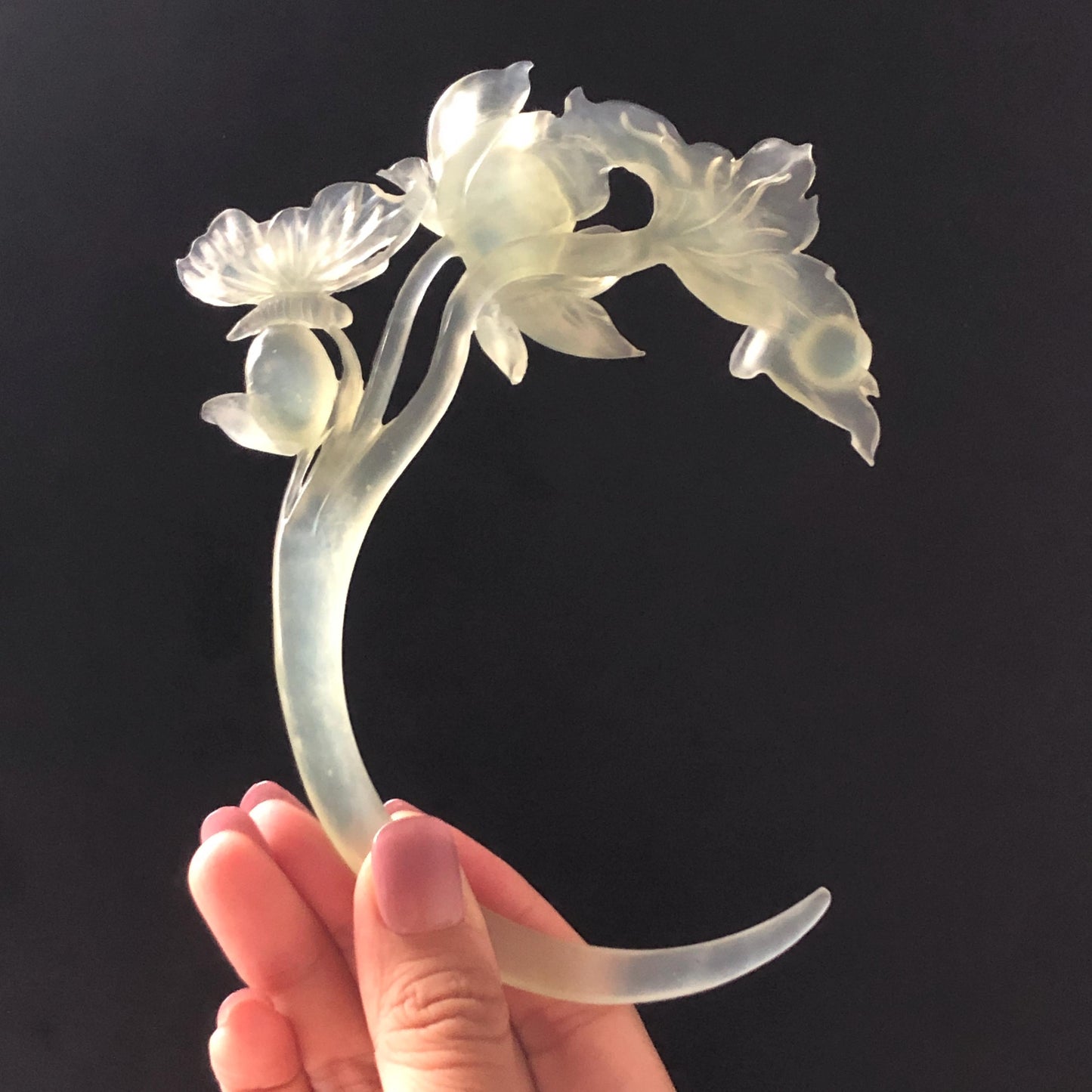 Natural Xiu Jade Serpentine Hand Carved Lotus & Butterfly Hair Pin | Certified Ice Green Crescent Moon Jade Hair Stick | Chinese Hanfu Hair Fork Vintage Bridal Hair Fork Gift for her japanese hairpin korean hair stick chinese hair fork vintage hair comb antique hair pins hanfu hair stick bridal shower hair jewelry wedding headpiece bridal shower gift engagement hair accessory jade carving hand engraved jade lotus carving jade hairpins untreated natural jade with certificate butterfly carving