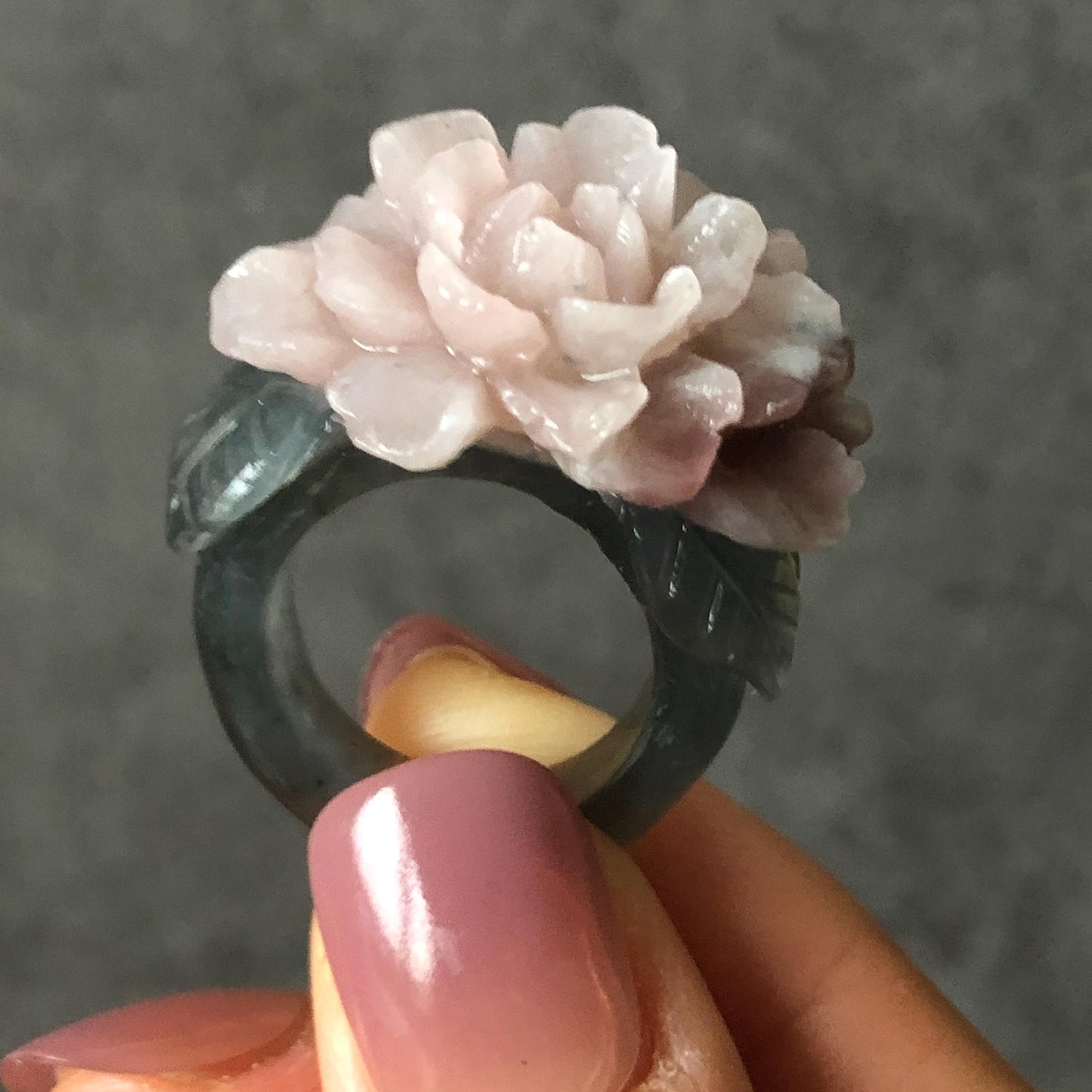 Natural Xiu Jade Serpentine Hand Carved Pink Peony Flower Statement Ring | 17.3mm (US7) | Gray Black & Pink Jade Ring Pendant | 3D Stone Carving | Crystal Gemstone Gift Pendant Ring 3D stone carving black jade carving pink jade carbonate jade ring hand carved jade band ring flower carving Peony carving natural jade band ring cocktail ring gift for her