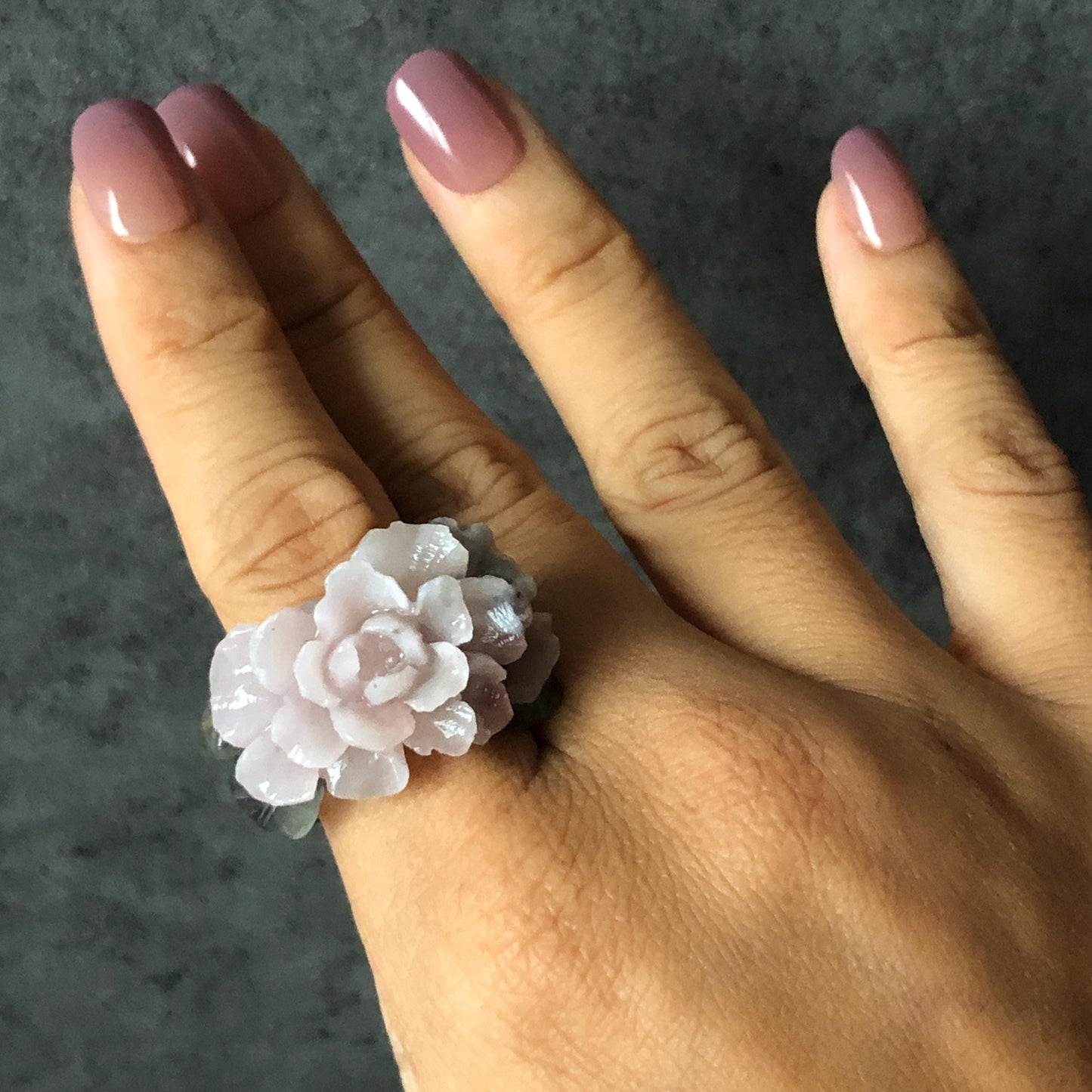 Natural Xiu Jade Serpentine Hand Carved Pink Peony Flower Statement Ring | 17.3mm (US7) | Gray Black & Pink Jade Ring Pendant | 3D Stone Carving | Crystal Gemstone Gift Pendant Ring 3D stone carving black jade carving pink jade carbonate jade ring hand carved jade band ring flower carving Peony carving natural jade band ring cocktail ring gift for her