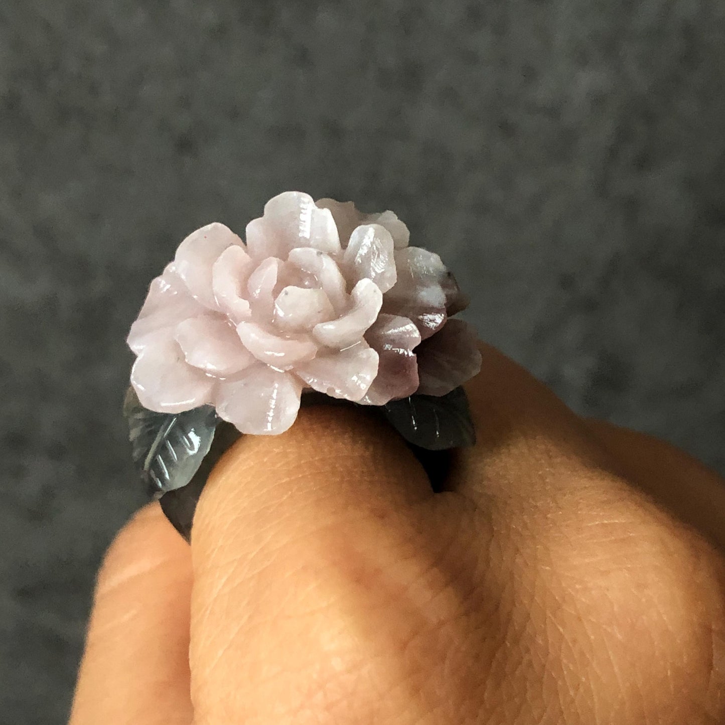 Natural Xiu Jade Serpentine Hand Carved Pink Peony Flower Statement Ring | 17.3mm (US7) | Gray Black & Pink Jade Ring Pendant | 3D Stone Carving | Crystal Gemstone Gift Pendant Ring 3D stone carving black jade carving pink jade carbonate jade ring hand carved jade band ring flower carving Peony carving natural jade band ring cocktail ring gift for her