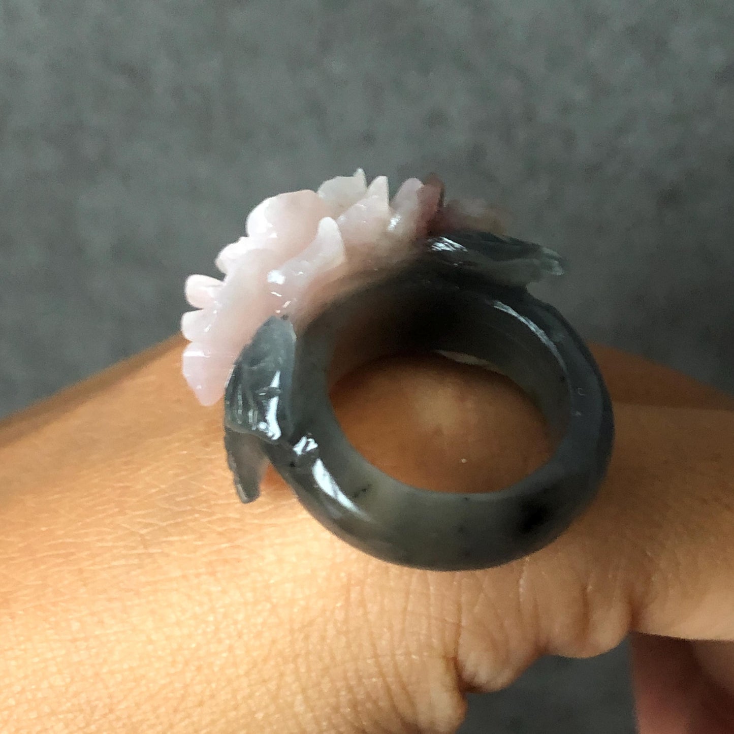 Natural Xiu Jade Serpentine Hand Carved Pink Peony Flower Statement Ring | 17.3mm (US7) | Gray Black & Pink Jade Ring Pendant | 3D Stone Carving | Crystal Gemstone Gift Pendant Ring 3D stone carving black jade carving pink jade carbonate jade ring hand carved jade band ring flower carving Peony carving natural jade band ring cocktail ring gift for her