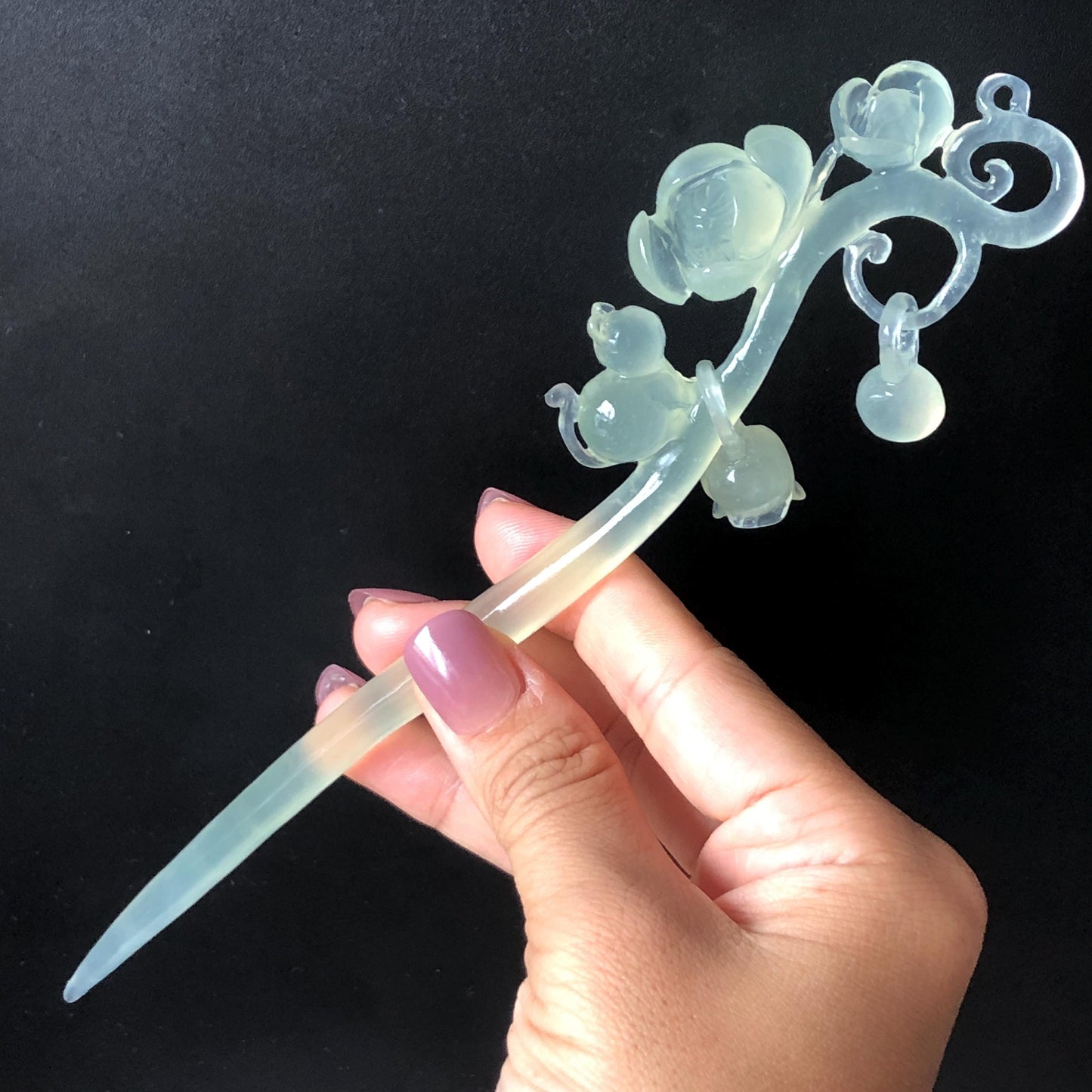 Xiu Jade Serpentine Hand Carved Cat & Flower Hair Pin with Dangle | Natural Certified Ice White Jade Hair Stick | Asian Chinese Vintage Hair Fork gift for her hand engraved white jade carving koren hair stick japanese hair pin hanfu hair comb chinese hair clip hand engraved kitten carving hand carved cat carving carved dangle hair stick icy chinese jade vinatge hair stick chinese hair stick antique hairpins natural untreated jade with certificate stone carving hair jewelry cat lover gift