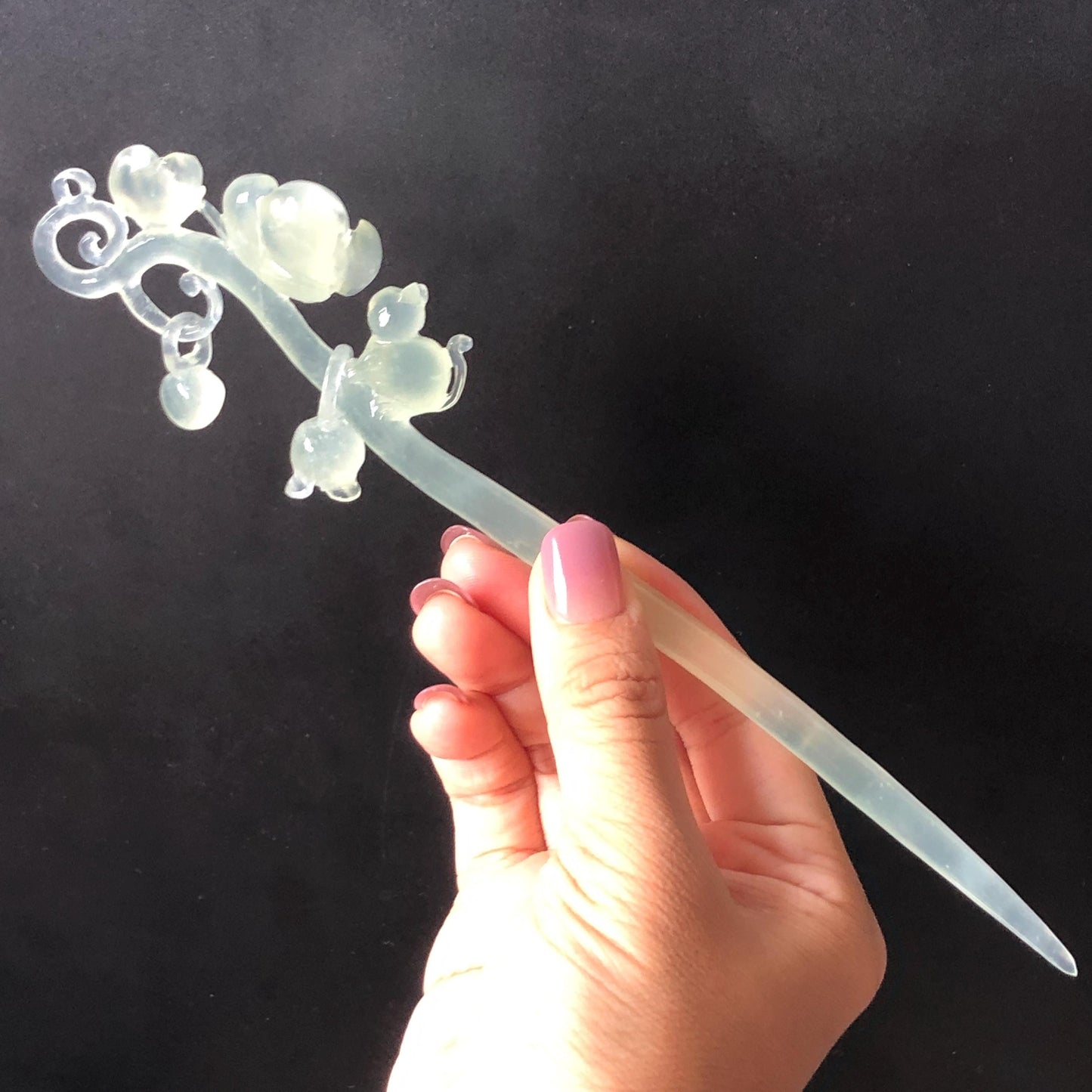 Xiu Jade Serpentine Hand Carved Cat & Flower Hair Pin with Dangle | Natural Certified Ice White Jade Hair Stick | Asian Chinese Vintage Hair Fork gift for her hand engraved white jade carving koren hair stick japanese hair pin hanfu hair comb chinese hair clip hand engraved kitten carving hand carved cat carving carved dangle hair stick icy chinese jade vinatge hair stick chinese hair stick antique hairpins natural untreated jade with certificate stone carving hair jewelry cat lover gift