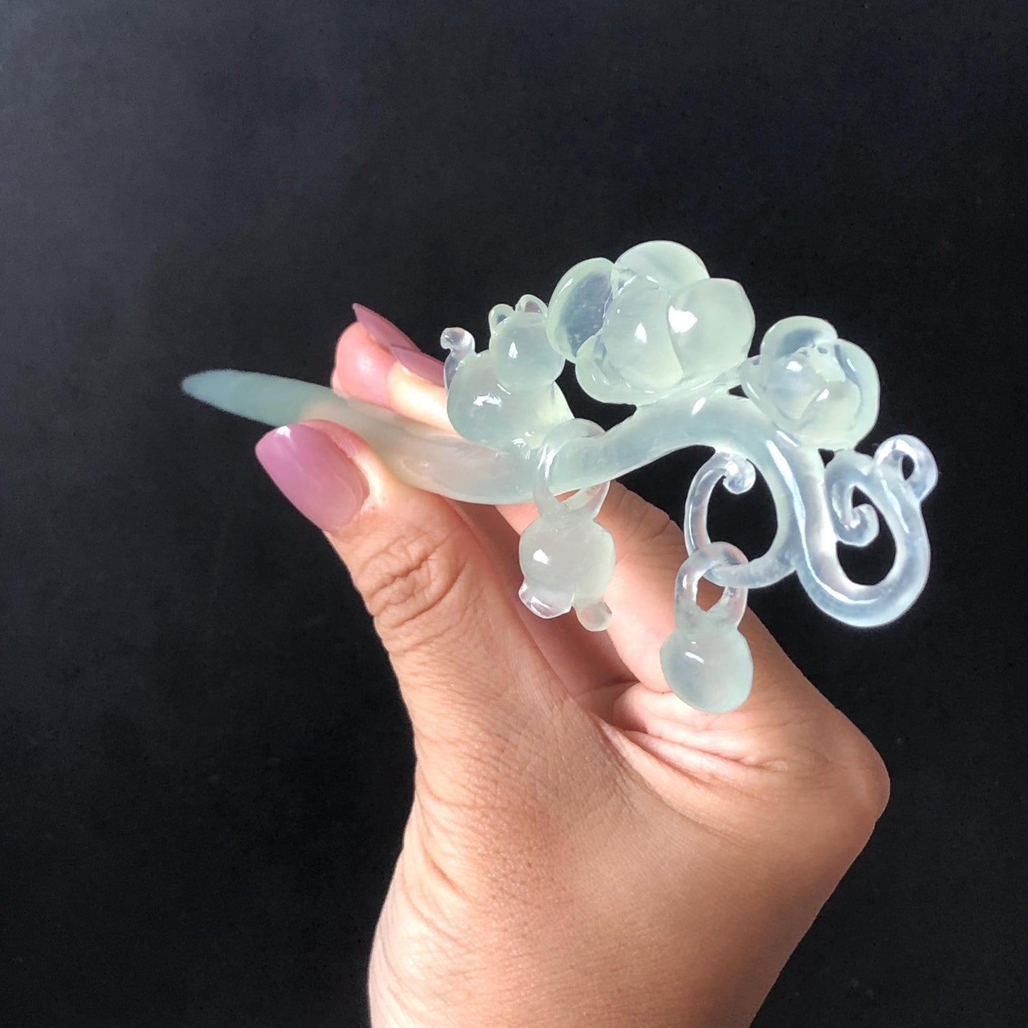 Xiu Jade Serpentine Hand Carved Cat & Flower Hair Pin with Dangle | Natural Certified Ice White Jade Hair Stick | Asian Chinese Vintage Hair Fork gift for her hand engraved white jade carving koren hair stick japanese hair pin hanfu hair comb chinese hair clip hand engraved kitten carving hand carved cat carving carved dangle hair stick icy chinese jade vinatge hair stick chinese hair stick antique hairpins natural untreated jade with certificate stone carving hair jewelry cat lover gift