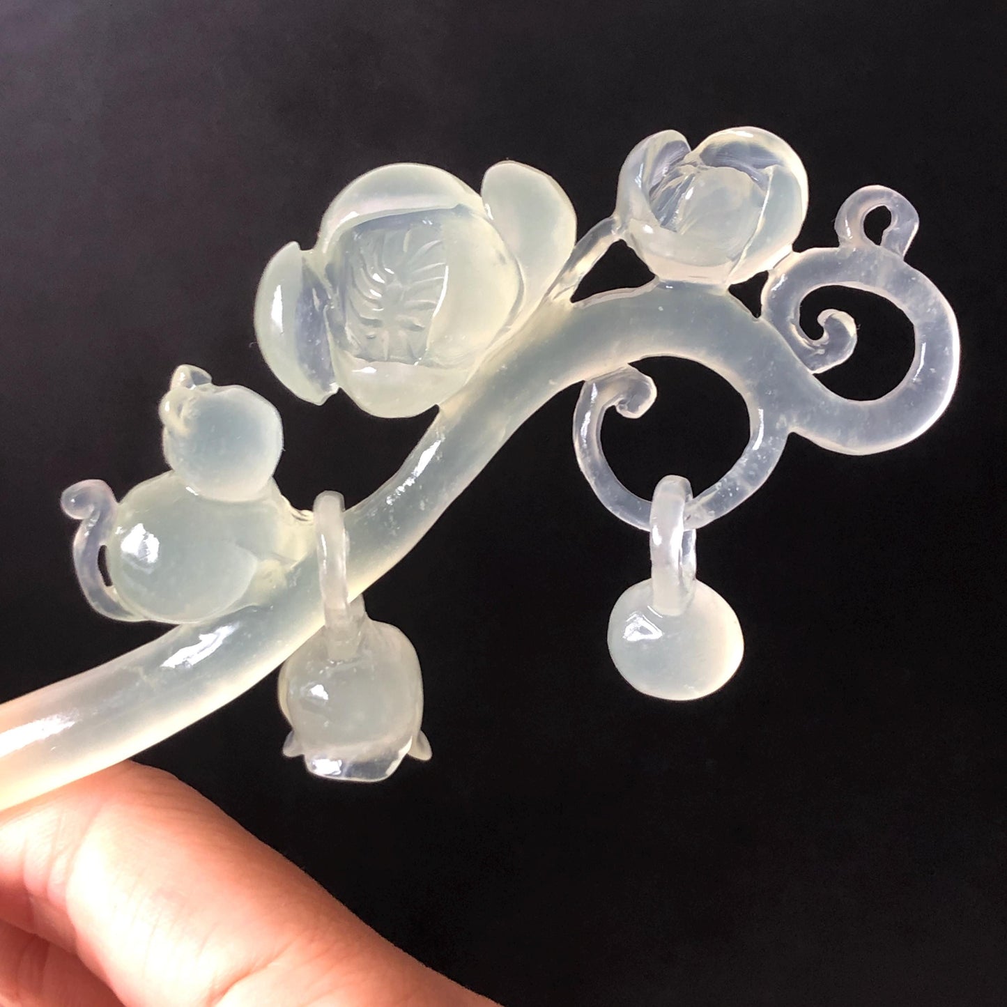 Xiu Jade Serpentine Hand Carved Cat & Flower Hair Pin with Dangle | Natural Certified Ice White Jade Hair Stick | Asian Chinese Vintage Hair Fork gift for her hand engraved white jade carving koren hair stick japanese hair pin hanfu hair comb chinese hair clip hand engraved kitten carving hand carved cat carving carved dangle hair stick icy chinese jade vinatge hair stick chinese hair stick antique hairpins natural untreated jade with certificate stone carving hair jewelry cat lover gift