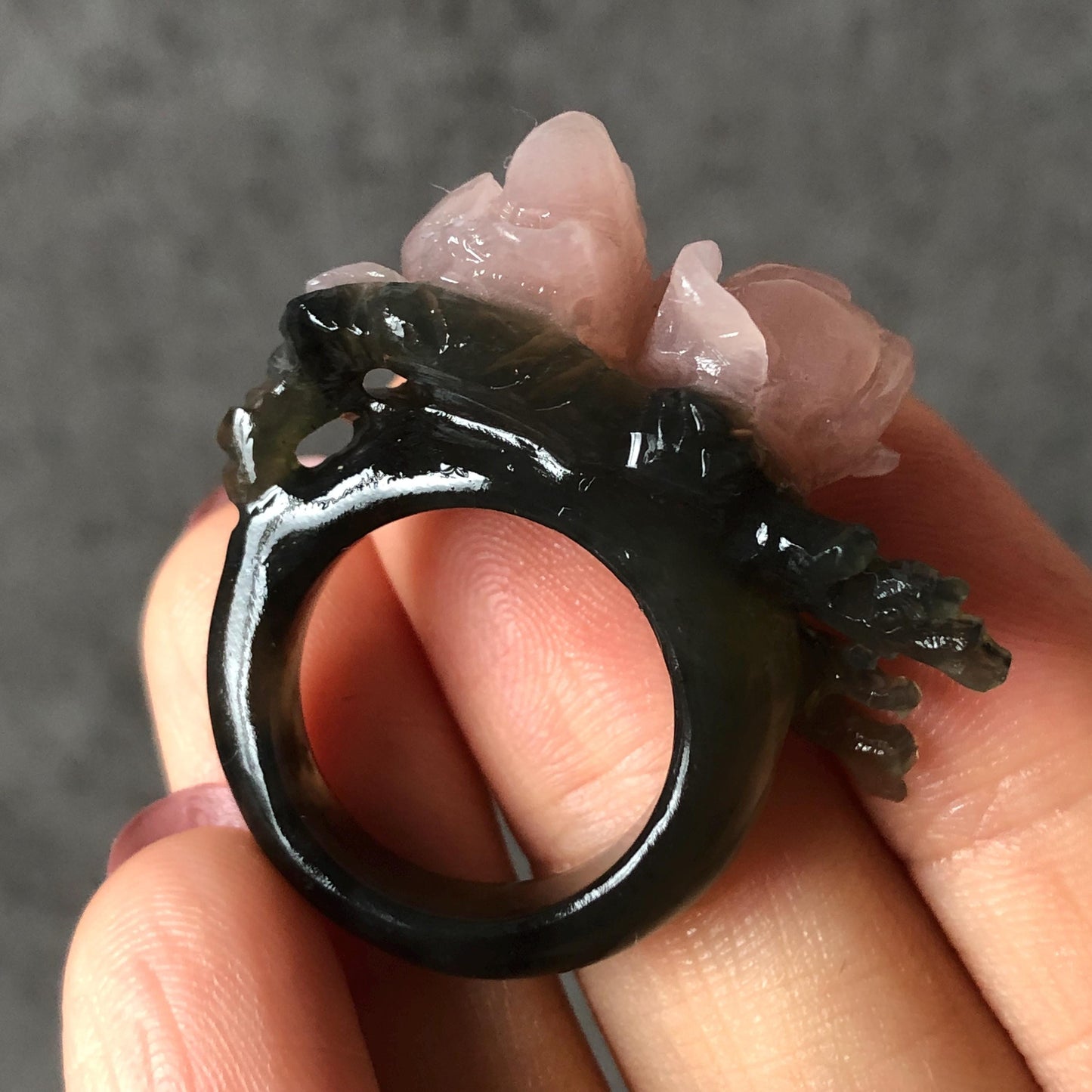Xiu Jade Serpentine Hand Carved Pink Yulan Flower Statement Ring | 17.4mm (US7) | Gray Black & Pink Jade Ring Pendant | 3D Stone Carving | Crystal Gemstone Gift Pendant Ring 3D stone carving black jade carving pink jade carbonate jade ring hand carved jade band ring flower carving Yulan carving natural jade band ring cocktail ring gift for her