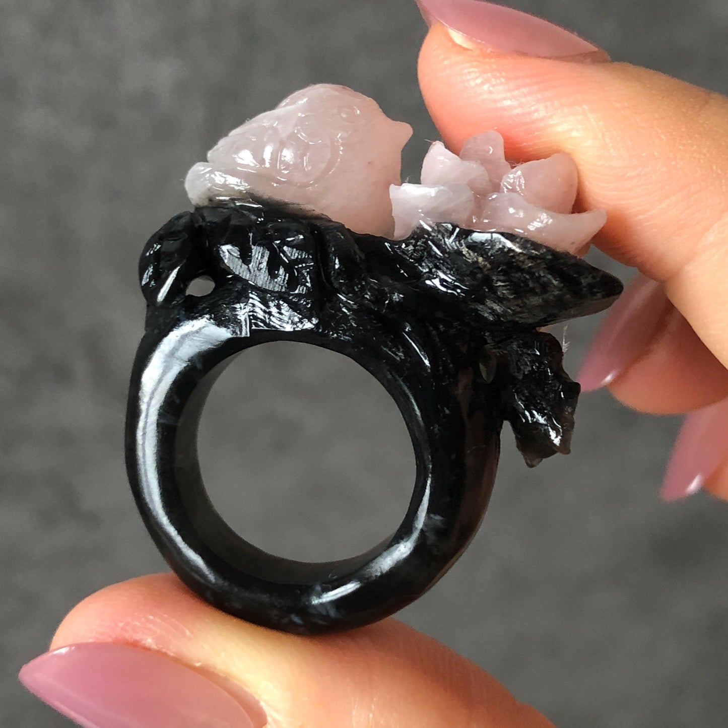 Natural Xiu Jade Serpentine Hand Carved Bird and Flower Statement Ring | 16.5mm (US 6) | Gray Black & Pink Jade Ring Pendant | 3D Stone Carving | Crystal Gemstone Gift black jade carving pink jade carbonate jade ring hand carved jade band ring bird carving flower carving plum blossom natural jade band ring cocktail ring gift for her