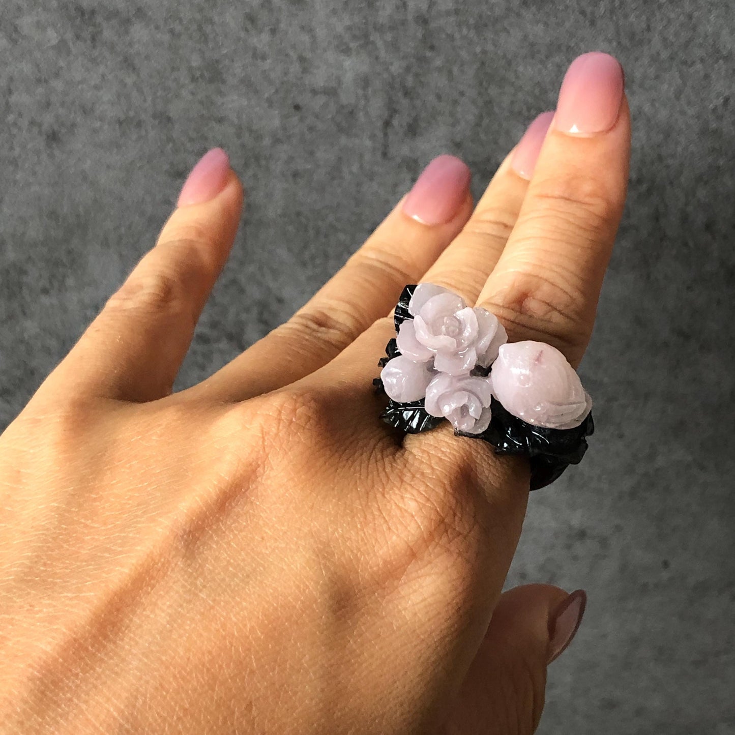Natural Xiu Jade Serpentine Hand Carved Bird and Flower Statement Ring | 16.5mm (US 6) | Gray Black & Pink Jade Ring Pendant | 3D Stone Carving | Crystal Gemstone Gift black jade carving pink jade carbonate jade ring hand carved jade band ring bird carving flower carving plum blossom natural jade band ring cocktail ring gift for her