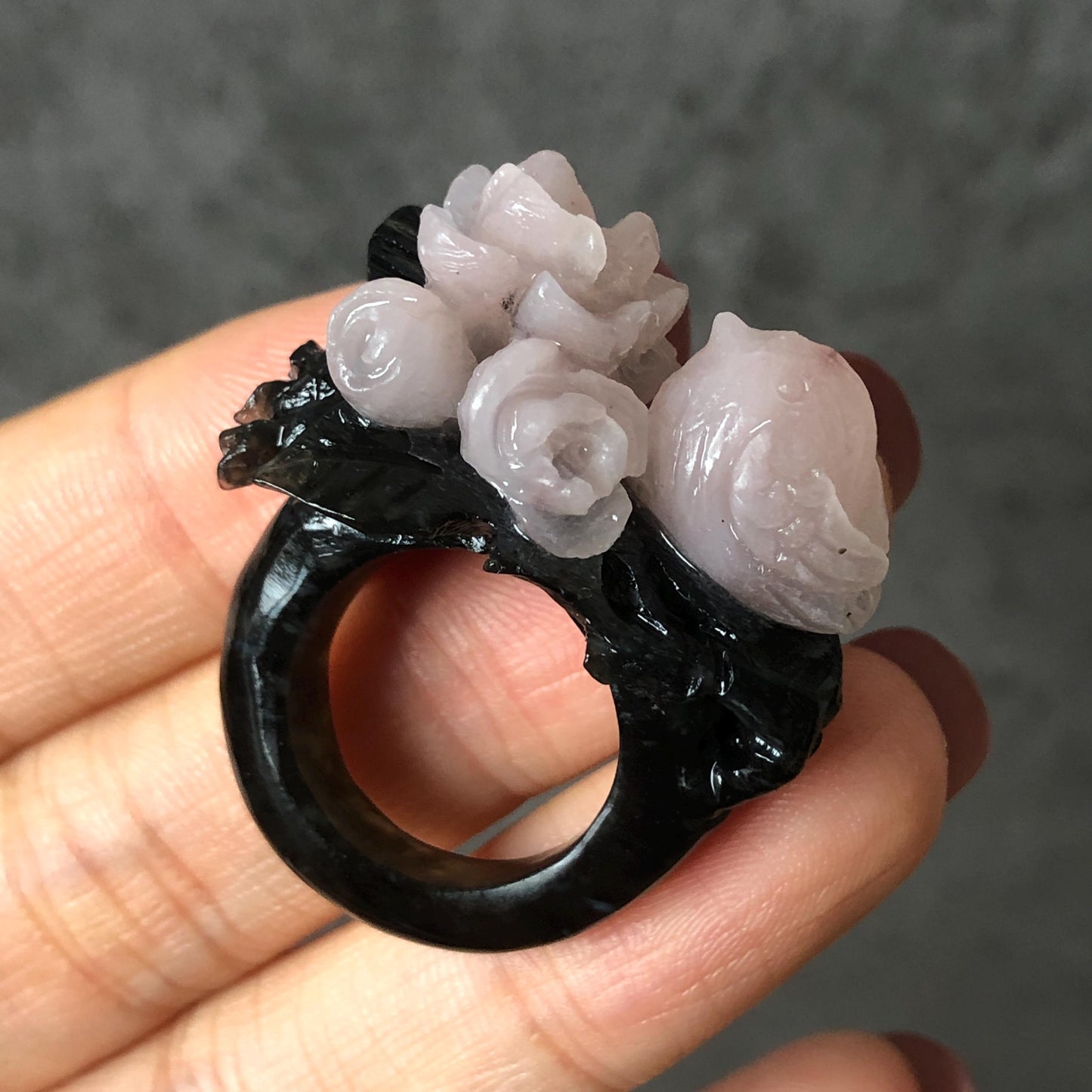 Natural Xiu Jade Serpentine Hand Carved Bird and Flower Statement Ring | 16.5mm (US 6) | Gray Black & Pink Jade Ring Pendant | 3D Stone Carving | Crystal Gemstone Gift black jade carving pink jade carbonate jade ring hand carved jade band ring bird carving flower carving plum blossom natural jade band ring cocktail ring gift for her