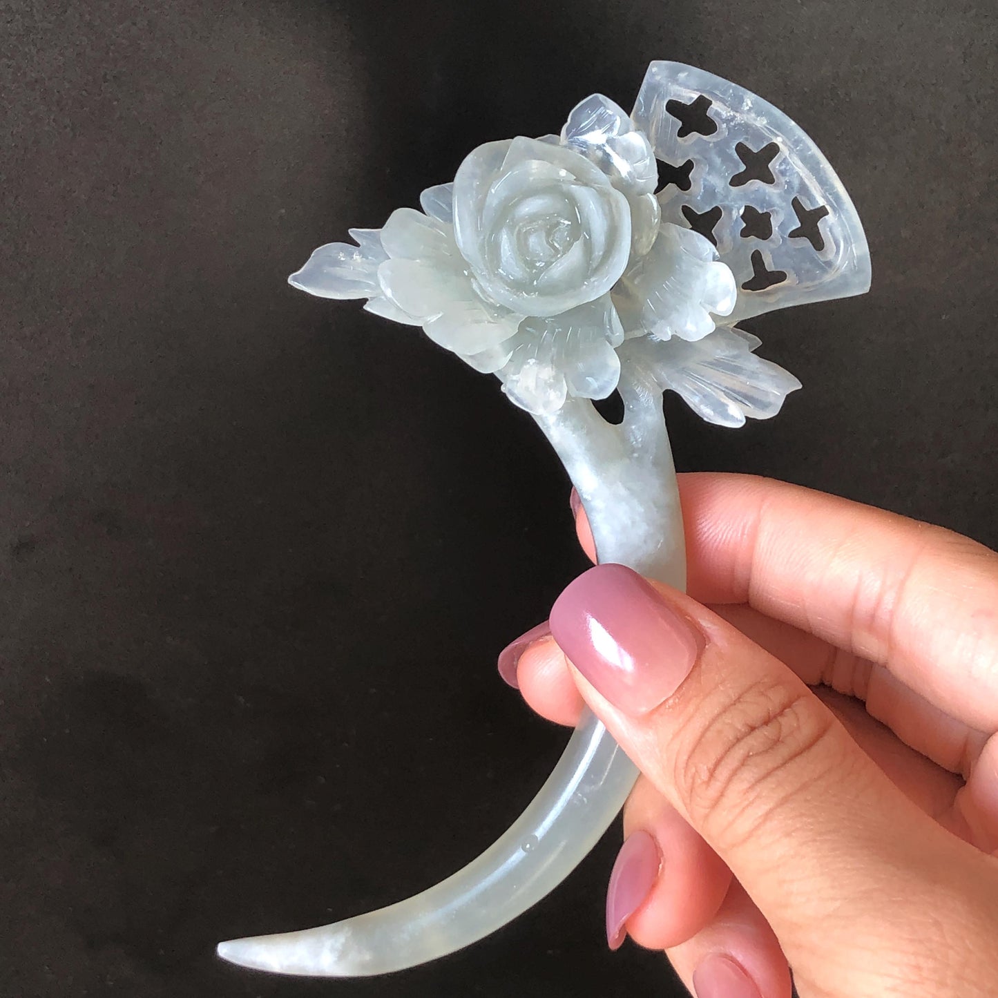 Xiu Jade Serpentine Hand Carved Grey Camellia Flower Crescent Moon Hair Pin | Certified Natural Gray Jade Hair Stick | Chinese Vintage Hair Fork | Chinese Hanfu Hair Fork Vintage Bridal Hair Fork Gift for her japanese hairpin korean hair stick chinese hair fork vintage hair comb antique hair pins hanfu hair stick bridal shower hair jewelry engagement hair accessory jade carving hand engraved jade lotus carving jade hairpins untreated natural jade with certificate handcrafted jade stone carving
