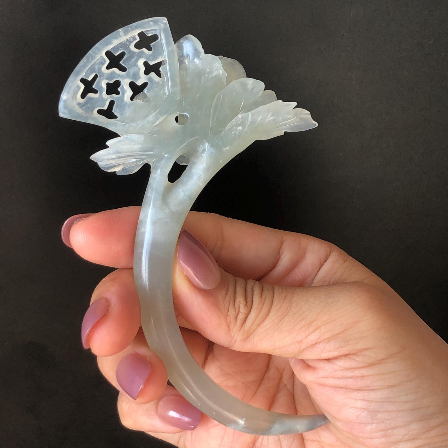 Xiu Jade Serpentine Hand Carved Grey Camellia Flower Crescent Moon Hair Pin | Certified Natural Gray Jade Hair Stick | Chinese Vintage Hair Fork | Chinese Hanfu Hair Fork Vintage Bridal Hair Fork Gift for her japanese hairpin korean hair stick chinese hair fork vintage hair comb antique hair pins hanfu hair stick bridal shower hair jewelry engagement hair accessory jade carving hand engraved jade lotus carving jade hairpins untreated natural jade with certificate handcrafted jade stone carving