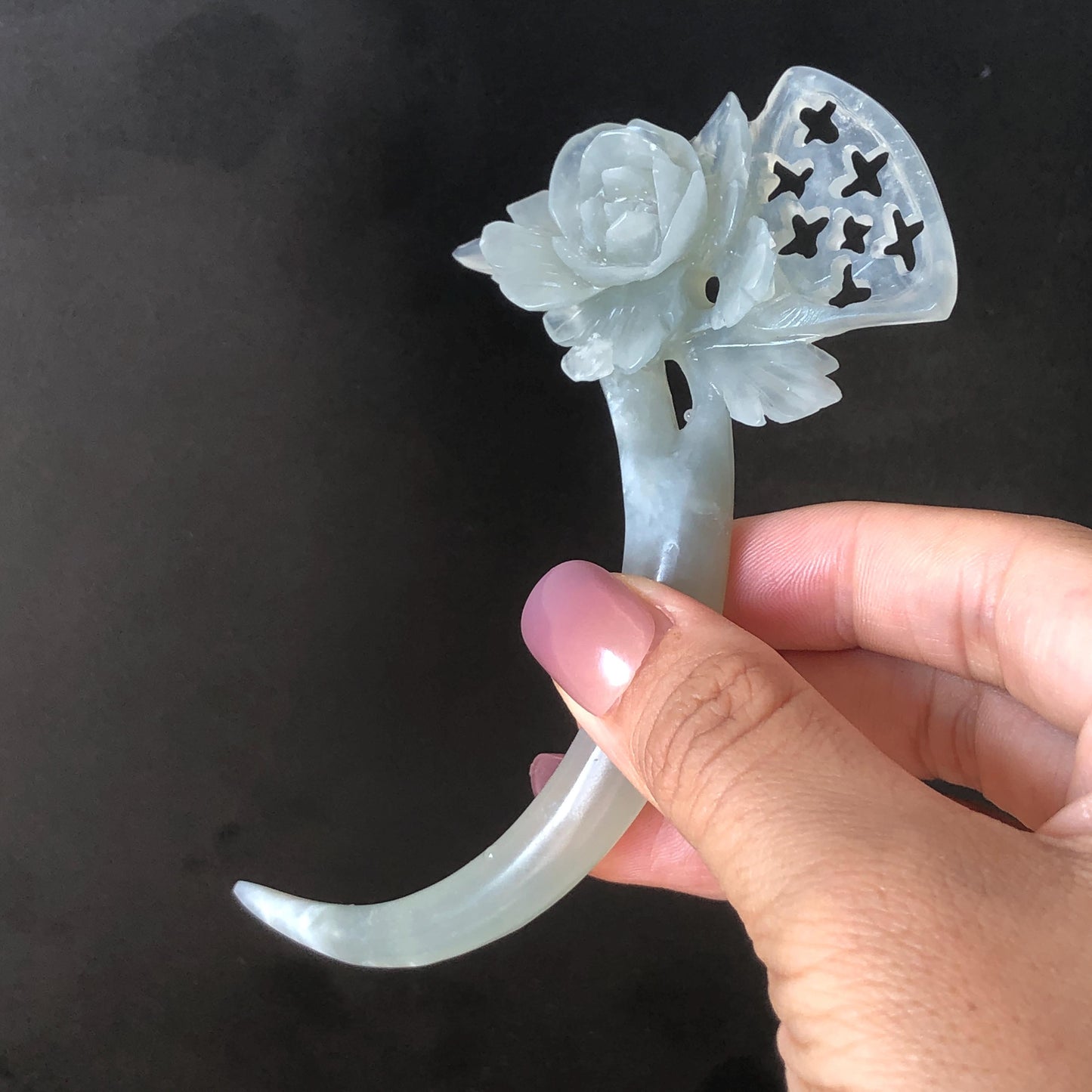 Xiu Jade Serpentine Hand Carved Grey Camellia Flower Crescent Moon Hair Pin | Certified Natural Gray Jade Hair Stick | Chinese Vintage Hair Fork | Chinese Hanfu Hair Fork Vintage Bridal Hair Fork Gift for her japanese hairpin korean hair stick chinese hair fork vintage hair comb antique hair pins hanfu hair stick bridal shower hair jewelry engagement hair accessory jade carving hand engraved jade lotus carving jade hairpins untreated natural jade with certificate handcrafted jade stone carving