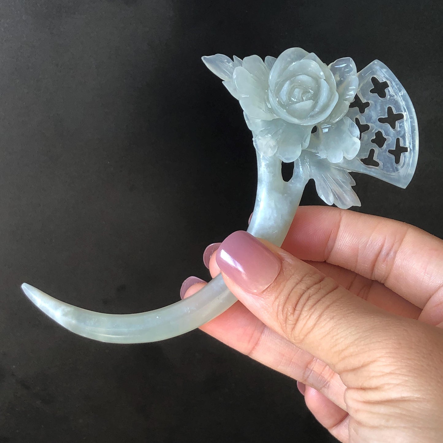 Xiu Jade Serpentine Hand Carved Grey Camellia Flower Crescent Moon Hair Pin | Certified Natural Gray Jade Hair Stick | Chinese Vintage Hair Fork | Chinese Hanfu Hair Fork Vintage Bridal Hair Fork Gift for her japanese hairpin korean hair stick chinese hair fork vintage hair comb antique hair pins hanfu hair stick bridal shower hair jewelry engagement hair accessory jade carving hand engraved jade lotus carving jade hairpins untreated natural jade with certificate handcrafted jade stone carving