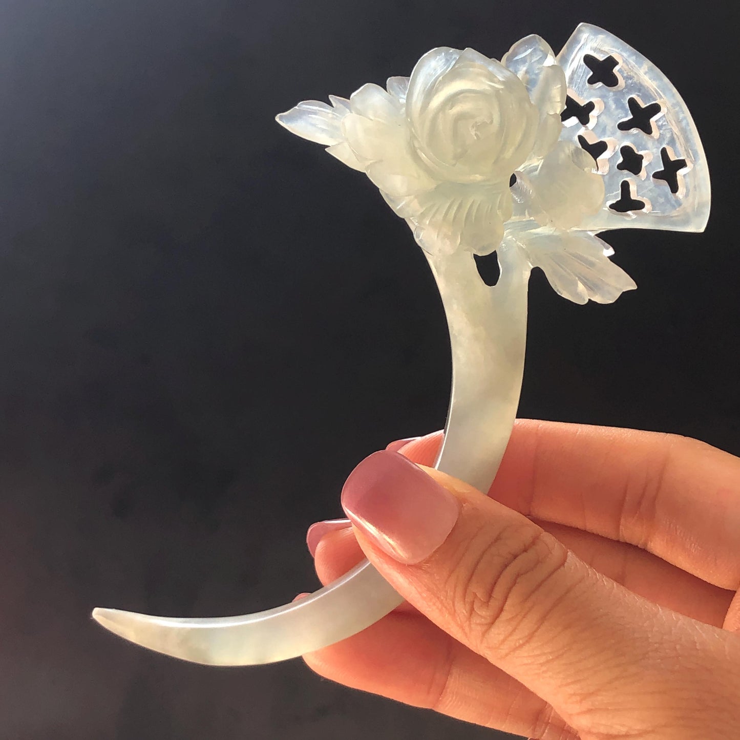 Xiu Jade Serpentine Hand Carved Grey Camellia Flower Crescent Moon Hair Pin | Certified Natural Gray Jade Hair Stick | Chinese Vintage Hair Fork | Chinese Hanfu Hair Fork Vintage Bridal Hair Fork Gift for her japanese hairpin korean hair stick chinese hair fork vintage hair comb antique hair pins hanfu hair stick bridal shower hair jewelry engagement hair accessory jade carving hand engraved jade lotus carving jade hairpins untreated natural jade with certificate handcrafted jade stone carving