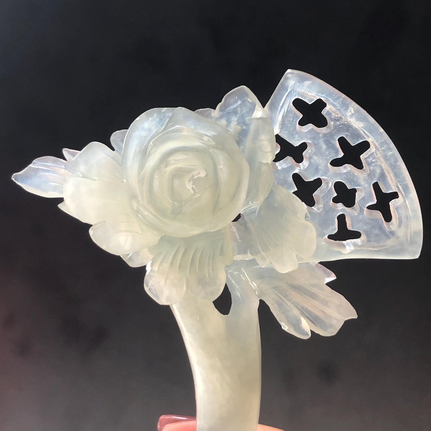 Xiu Jade Serpentine Hand Carved Grey Camellia Flower Crescent Moon Hair Pin | Certified Natural Gray Jade Hair Stick | Chinese Vintage Hair Fork | Chinese Hanfu Hair Fork Vintage Bridal Hair Fork Gift for her japanese hairpin korean hair stick chinese hair fork vintage hair comb antique hair pins hanfu hair stick bridal shower hair jewelry engagement hair accessory jade carving hand engraved jade lotus carving jade hairpins untreated natural jade with certificate handcrafted jade stone carving