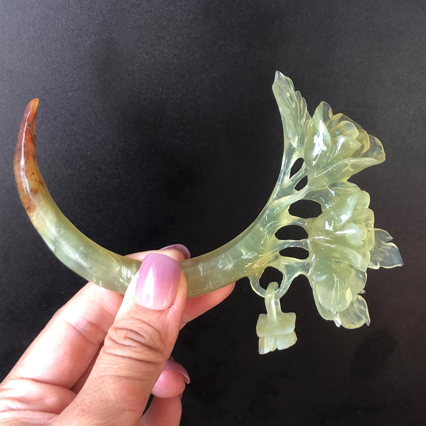 Xiu Jade Serpentine Rose Hair Stick with Dangle | Ice Yellow Jade Hand Carved Half Moon Hair Pin | Vintage Chinese Hair Fork with Certificate | Chinese Hanfu Hair Fork Vintage Bridal Hair Fork Gift for her japanese hairpin korean hair stick chinese hair fork vintage hair comb antique hair pins hanfu hair stick bridal shower hair jewelry engagement hair accessory jade carving hand engraved jade rose carving jade hairpins untreated natural jade with certificate handcrafted jade stone carving