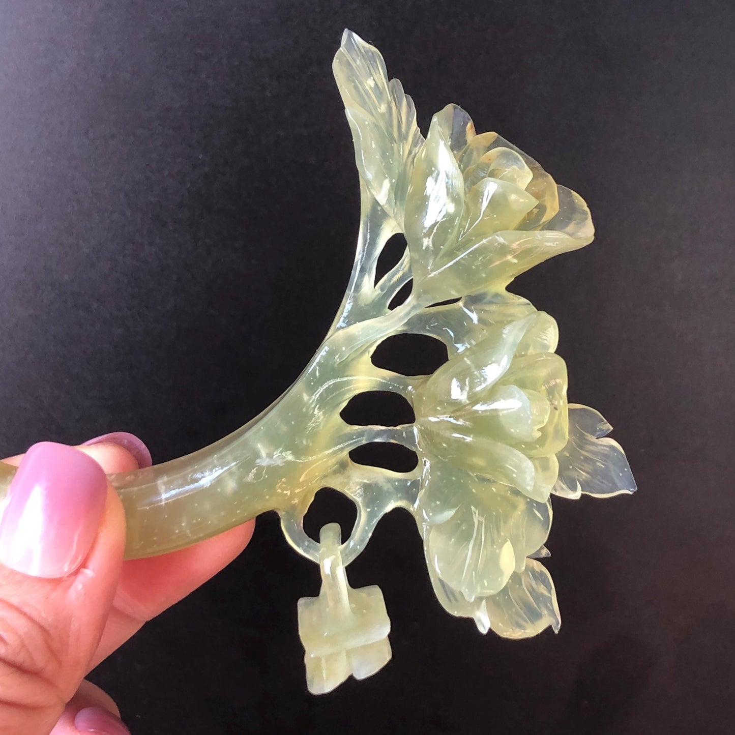 Xiu Jade Serpentine Rose Hair Stick with Dangle | Ice Yellow Jade Hand Carved Half Moon Hair Pin | Vintage Chinese Hair Fork with Certificate | Chinese Hanfu Hair Fork Vintage Bridal Hair Fork Gift for her japanese hairpin korean hair stick chinese hair fork vintage hair comb antique hair pins hanfu hair stick bridal shower hair jewelry engagement hair accessory jade carving hand engraved jade rose carving jade hairpins untreated natural jade with certificate handcrafted jade stone carving