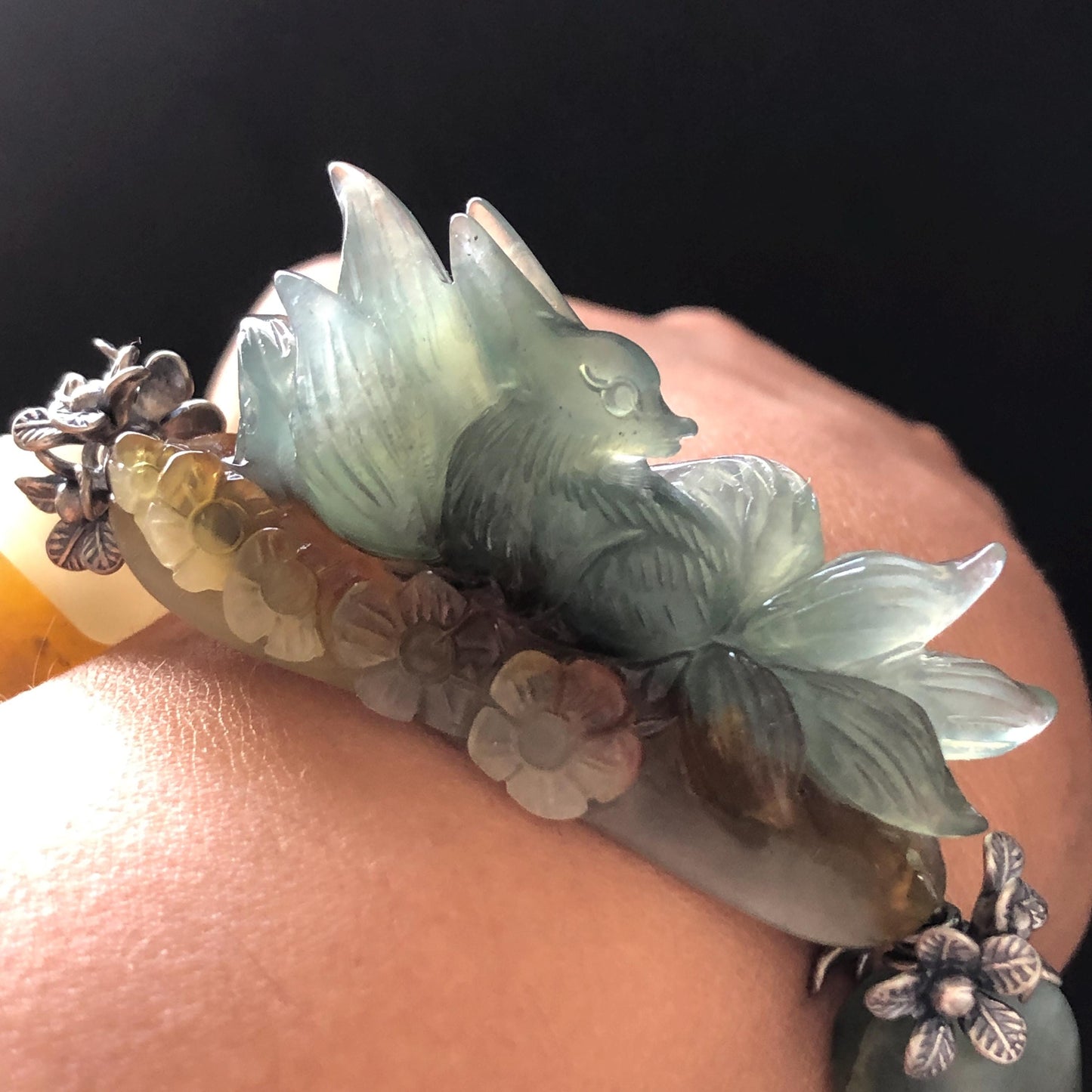 Natural Xiu Jade Serpentine Hand Carved Nine-tailed Fox Charm & Flower with Irregular Bead Bracelet | Green Blue Brown White Jade | Vintage Tibetan Silver Accessory| Gift for her bracelet jade carving hand engraved green jade blue jade brown jade white jade hand engraved jade bracelet hand carved jade charm hand engraved jade pendant irregular bead bracelet elastic stretch bracelet dangle bracelet silver accessory vintage bracelet antique bracelet green jade nine tail fox carving engraved fox