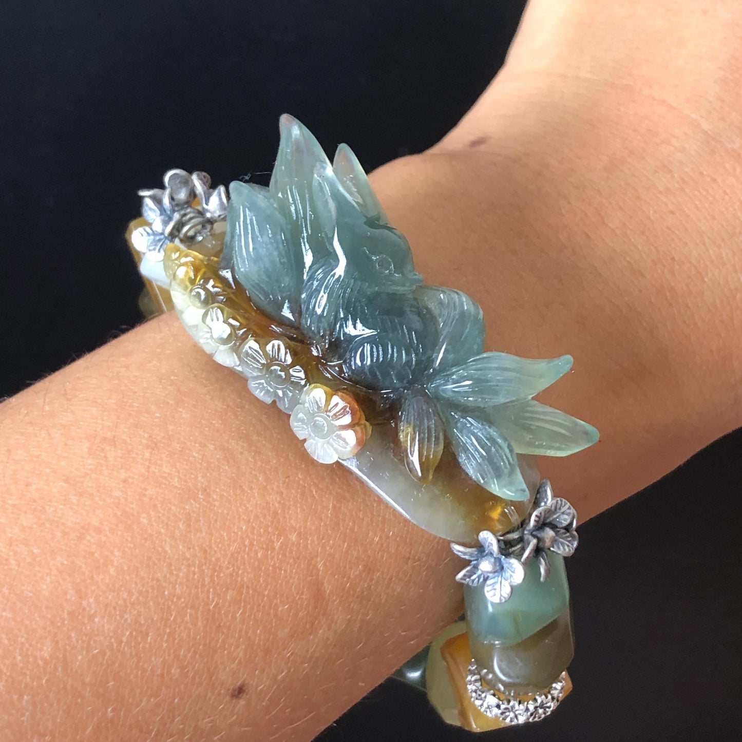 Natural Xiu Jade Serpentine Hand Carved Nine-tailed Fox Charm & Flower with Irregular Bead Bracelet | Green Blue Brown White Jade | Vintage Tibetan Silver Accessory| Gift for her bracelet jade carving hand engraved green jade blue jade brown jade white jade hand engraved jade bracelet hand carved jade charm hand engraved jade pendant irregular bead bracelet elastic stretch bracelet dangle bracelet silver accessory vintage bracelet antique bracelet green jade nine tail fox carving engraved fox
